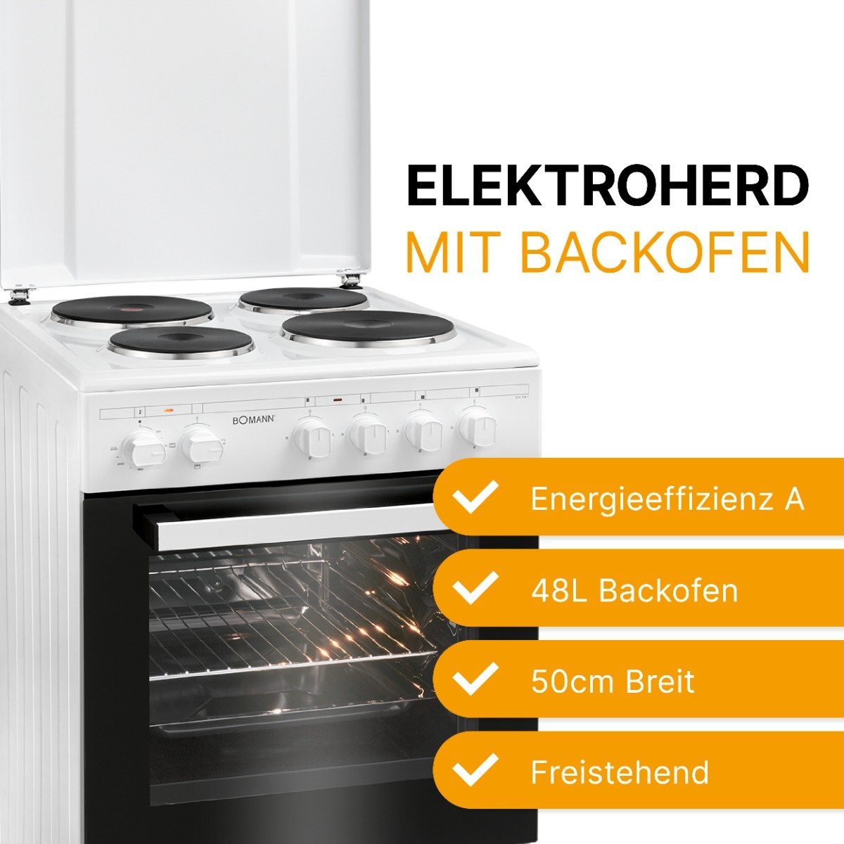 Elektro-Standherd Kochzonen, Backofen 3 BOMANN 561, 48l Ofen Funktionen, EH 4