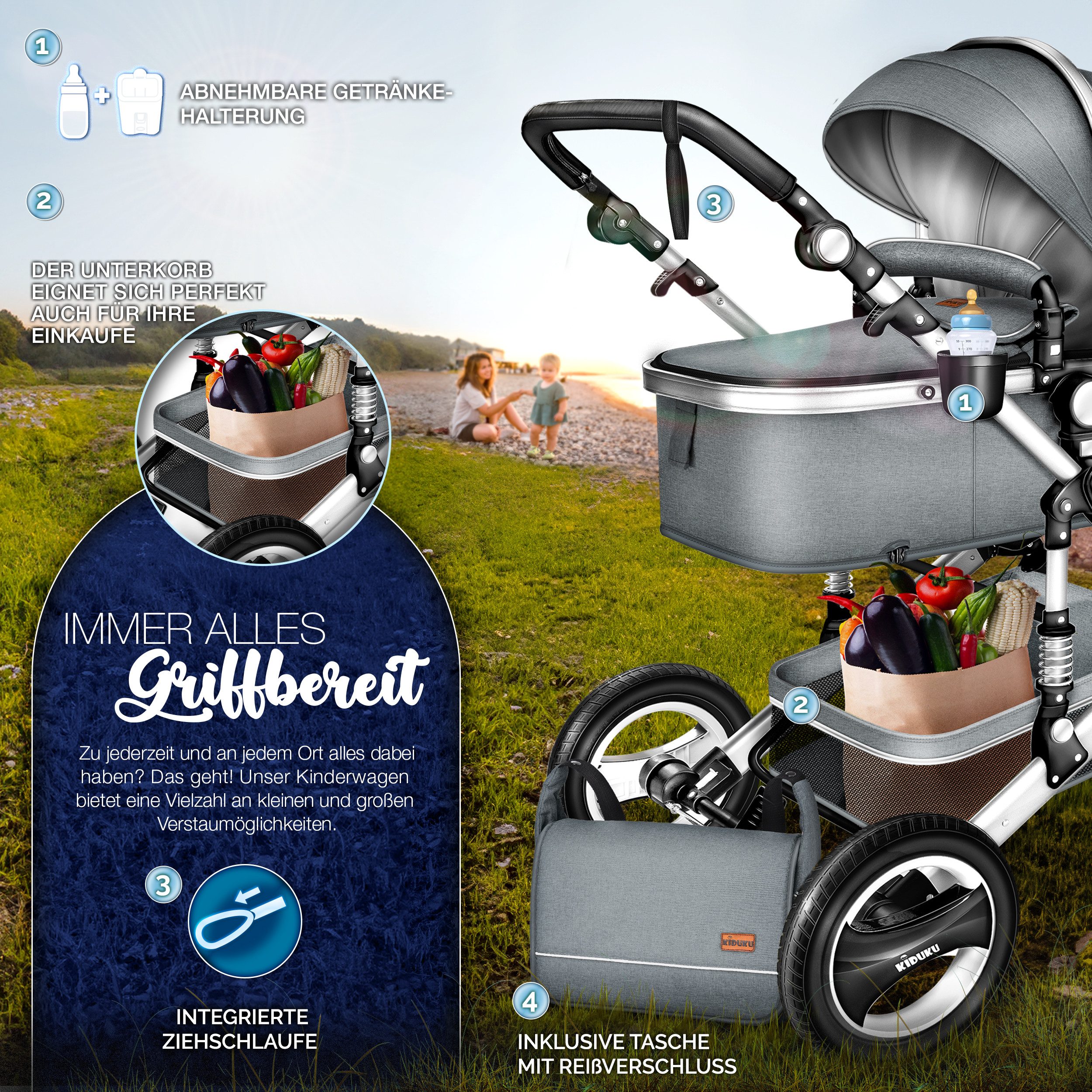 KIDUKU Kombi-Kinderwagen KIDUKU® 3 in 1 Kombi-Kinderwagen Buggy Reisebuggy inkl. Auto- Babyscha, Kindertisch