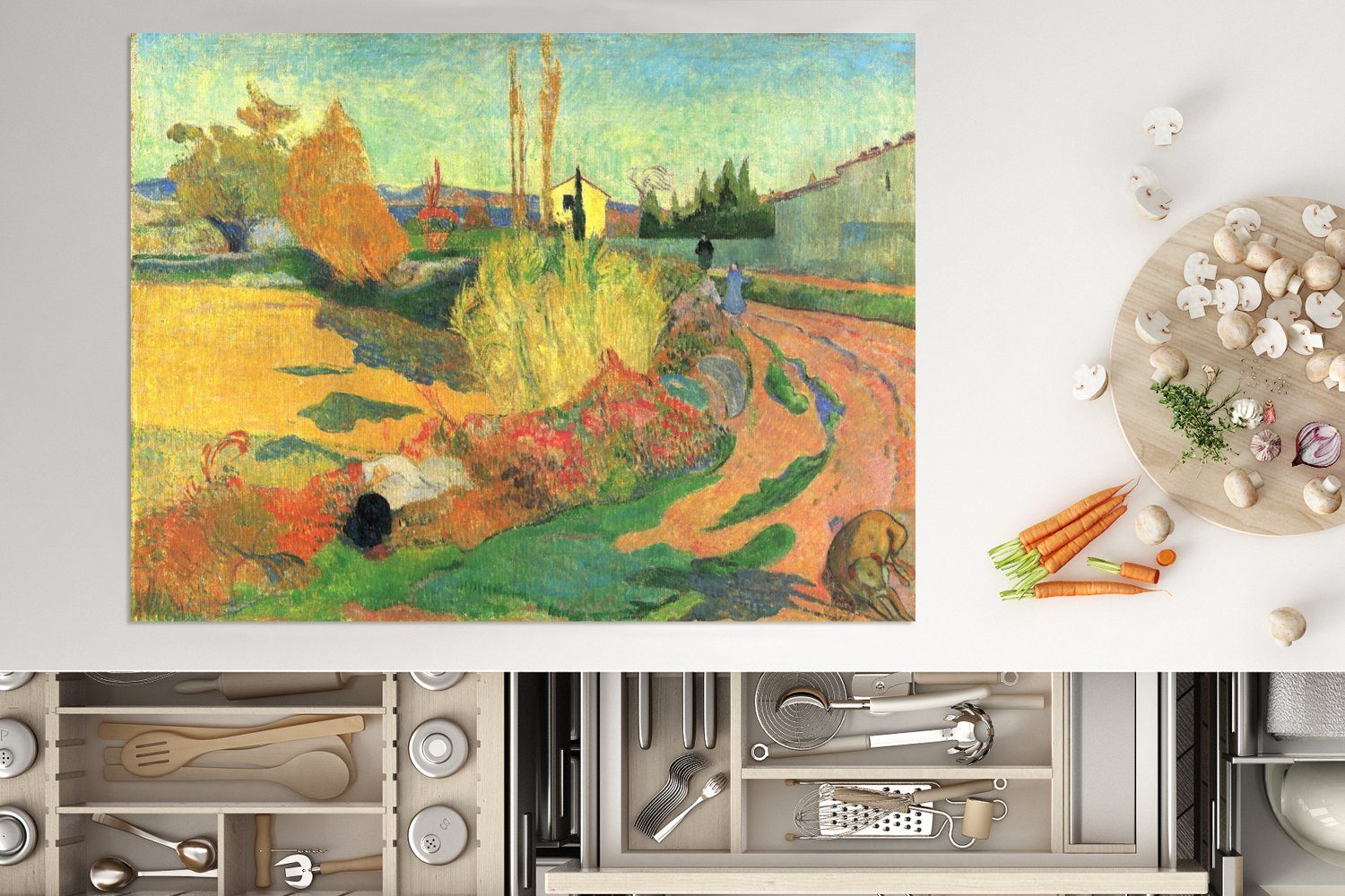 (1 tlg), MuchoWow - Ceranfeldabdeckung nutzbar, Arles 70x52 Herdblende-/Abdeckplatte Arbeitsfläche Vinyl, von Paul Mobile Landschaft Gauguin, Gemälde in cm,