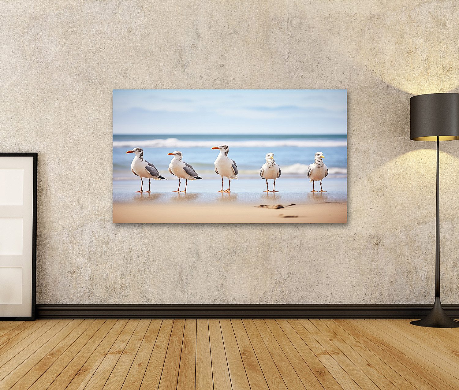 islandburner Leinwandbild Reihe Stehender Möwen Mit Blick Auf Den Ozean Bri günstig online kaufen