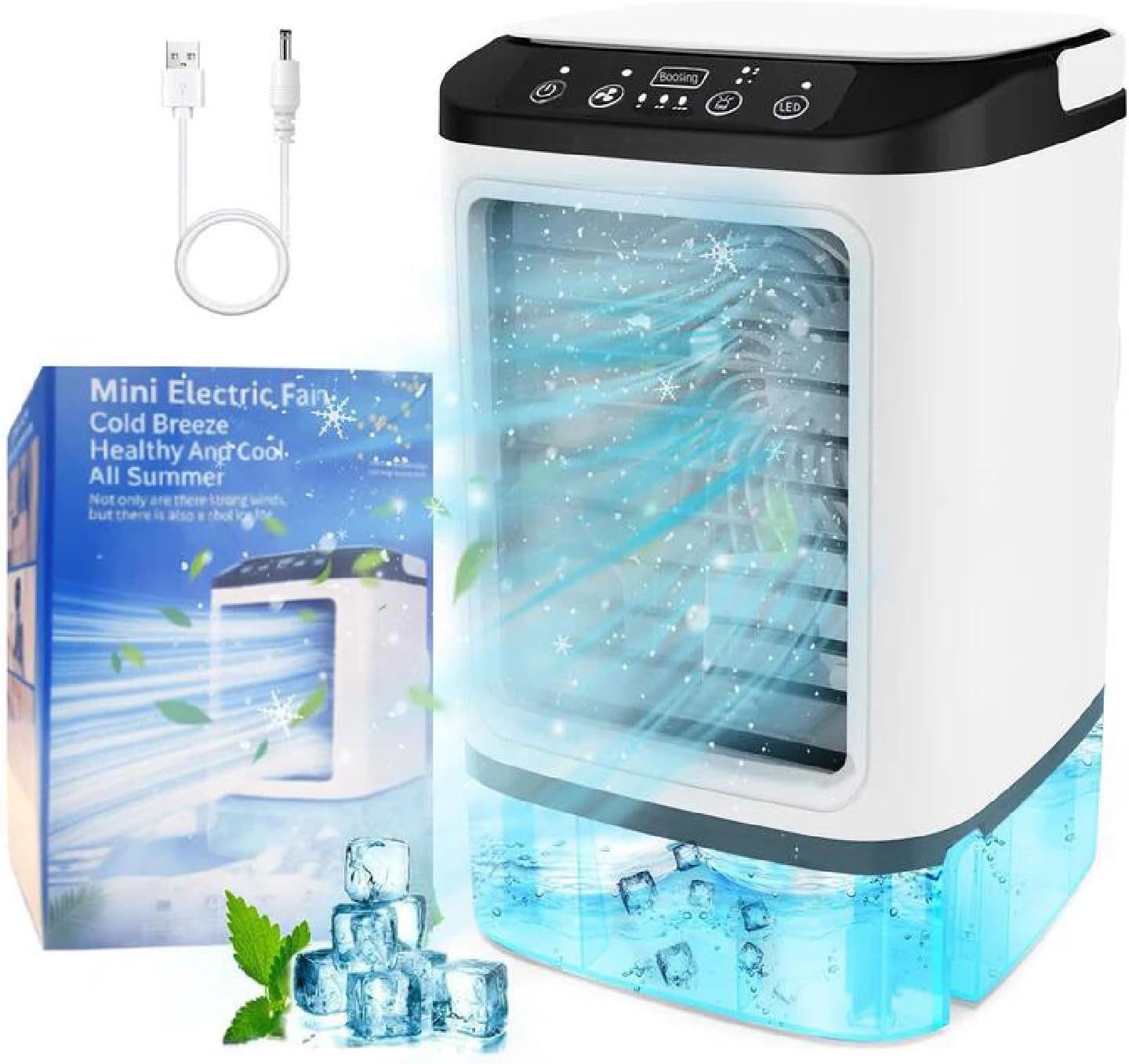MOPUEA Ventilatorkombigerät 4-in-1 Mini Klimagerät USB Tragbar mit 900ml Tank & 7 Farben Licht, USB Betrieb 900ml Tank leise tragbar 4-in-1 Funktion