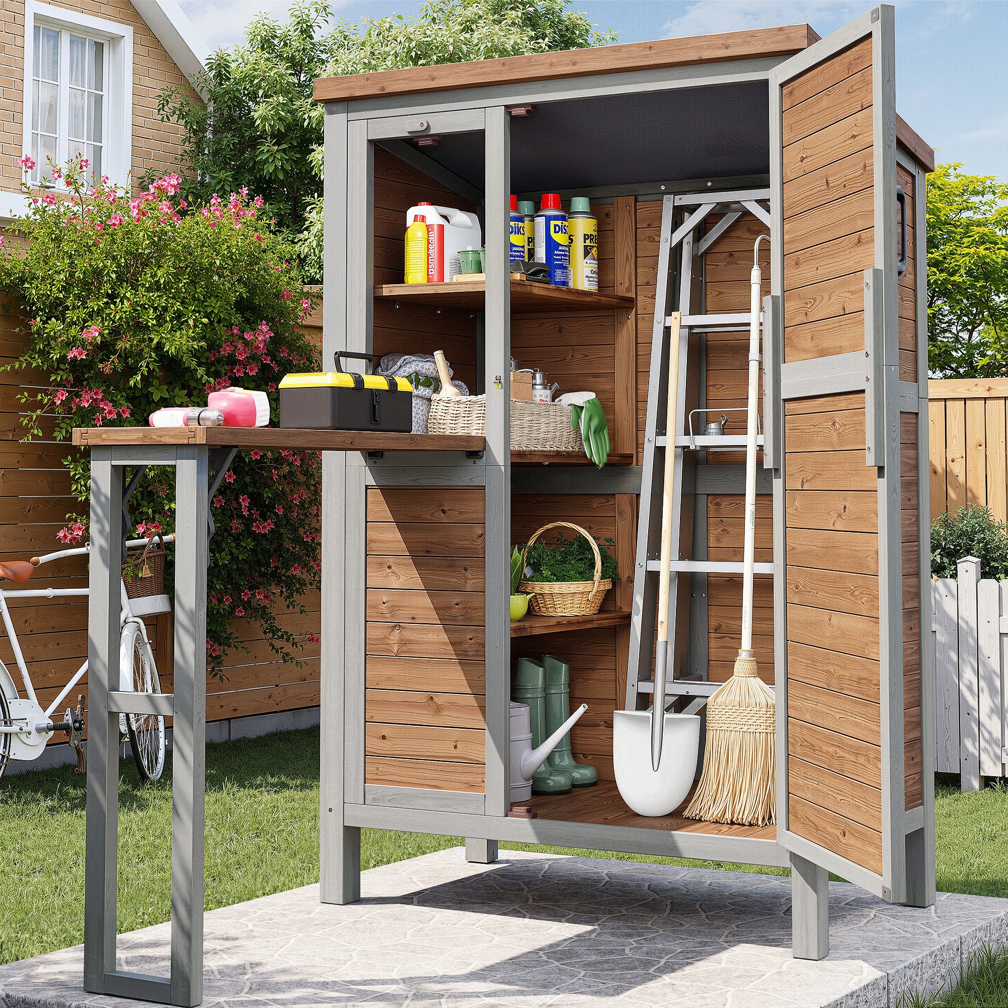 MODFU Werkzeugschrank mit ausklappbarer Arbeitsplatte (mit ausklappbarer Arbeitsplatte, aus Tannenholz, mit verstellbaren Regalen, Haken & Sicherheitsverschluss, 1-St., 86*46*160cm)