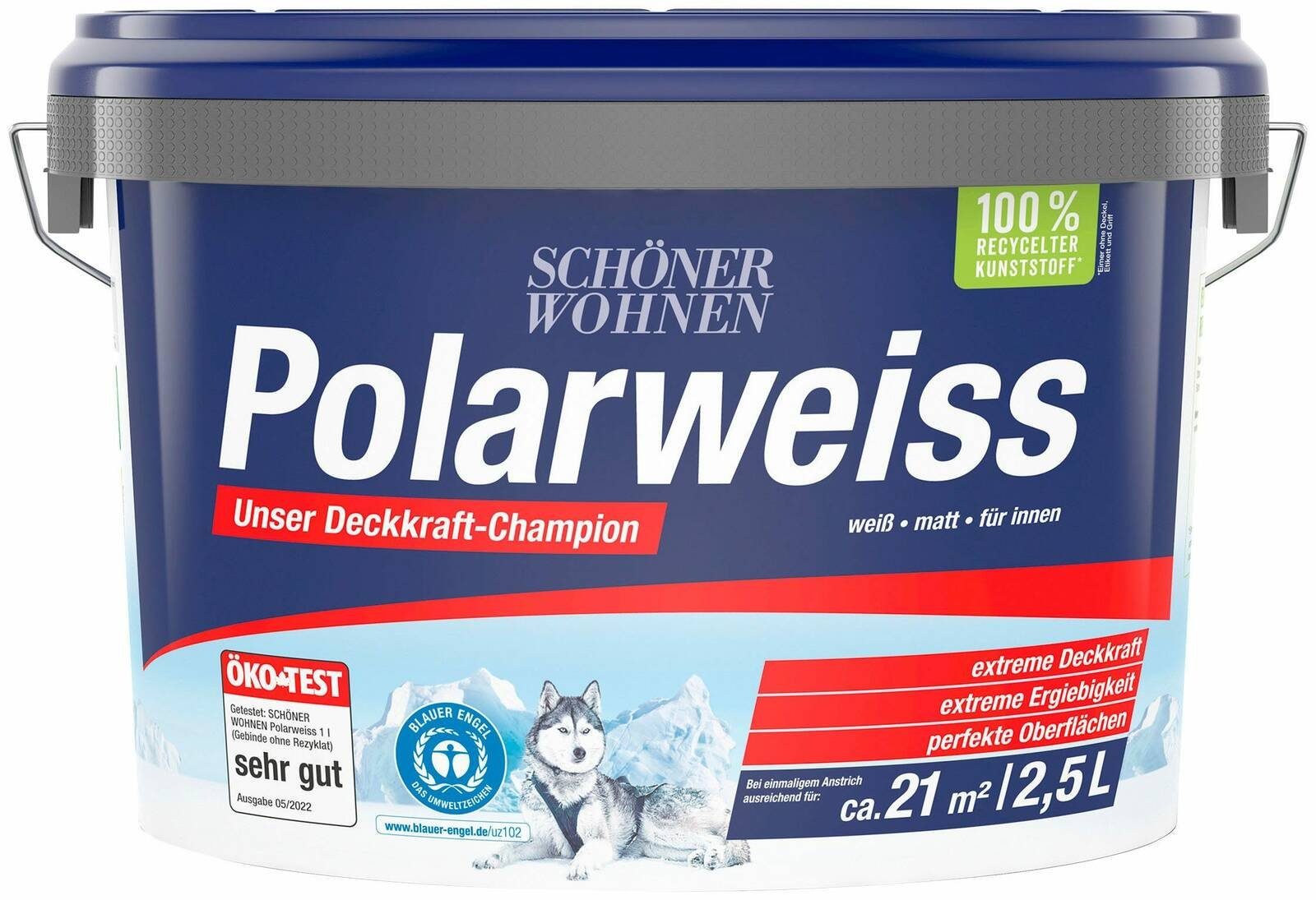 SCHÖNER WOHNEN FARBE Wand- und Deckenfarbe Polarweiss 2.5 Liter (74028), hoher Weißheitsgrad, Spritz-Frei, Lösemittelfrei