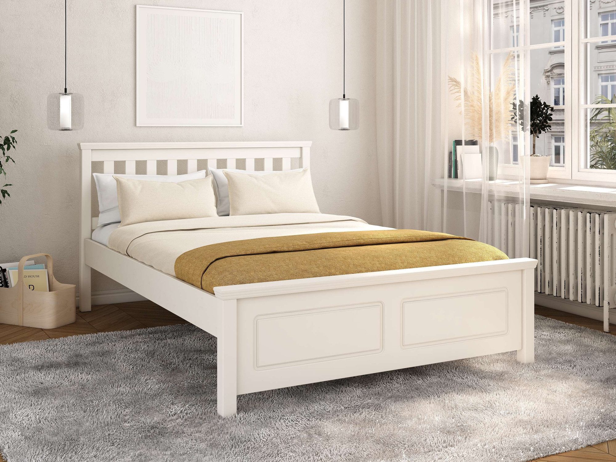 OTTO home Bett Fredegard, skandinavischer Stil, vielseitig kombinierbar, 2 Breiten (180er oder 140er Breite), teilmassiv, Sprossen am Kopfteil, mit Lattenrost, Kassettenoptik