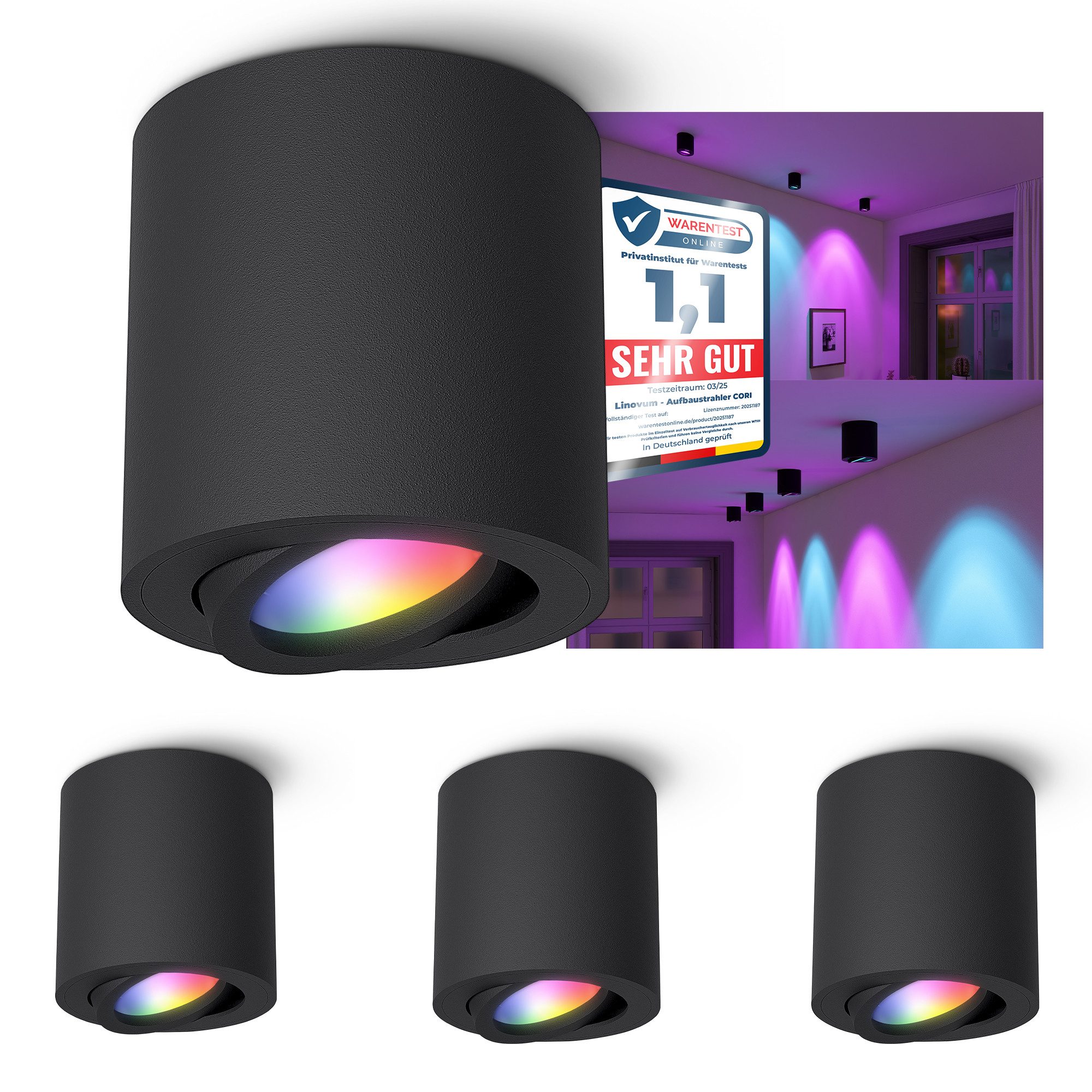 linovum LED Aufbaustrahler CORI Aufbauspot schwarz schwenkbar mit Smart Home LED GU10 dimmbar RGB, RGB