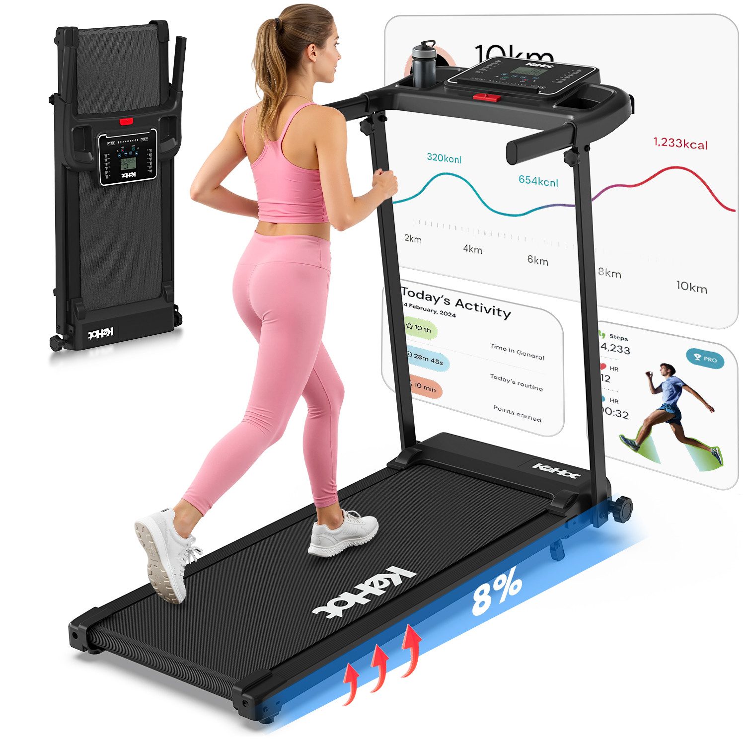 kehot Laufband Laufband klappbar mit 8% Steigung – bis 12 km/h Fitnessgerät (2,5 PS Motor und 38 × 100 cm Lauffläche für Walking & Jogging, Bis 136 kg belastbar mit Dämpfung für komfortables Heimtraining), 12 Programme, LED-Display und FITSHOW App für flexible Workouts