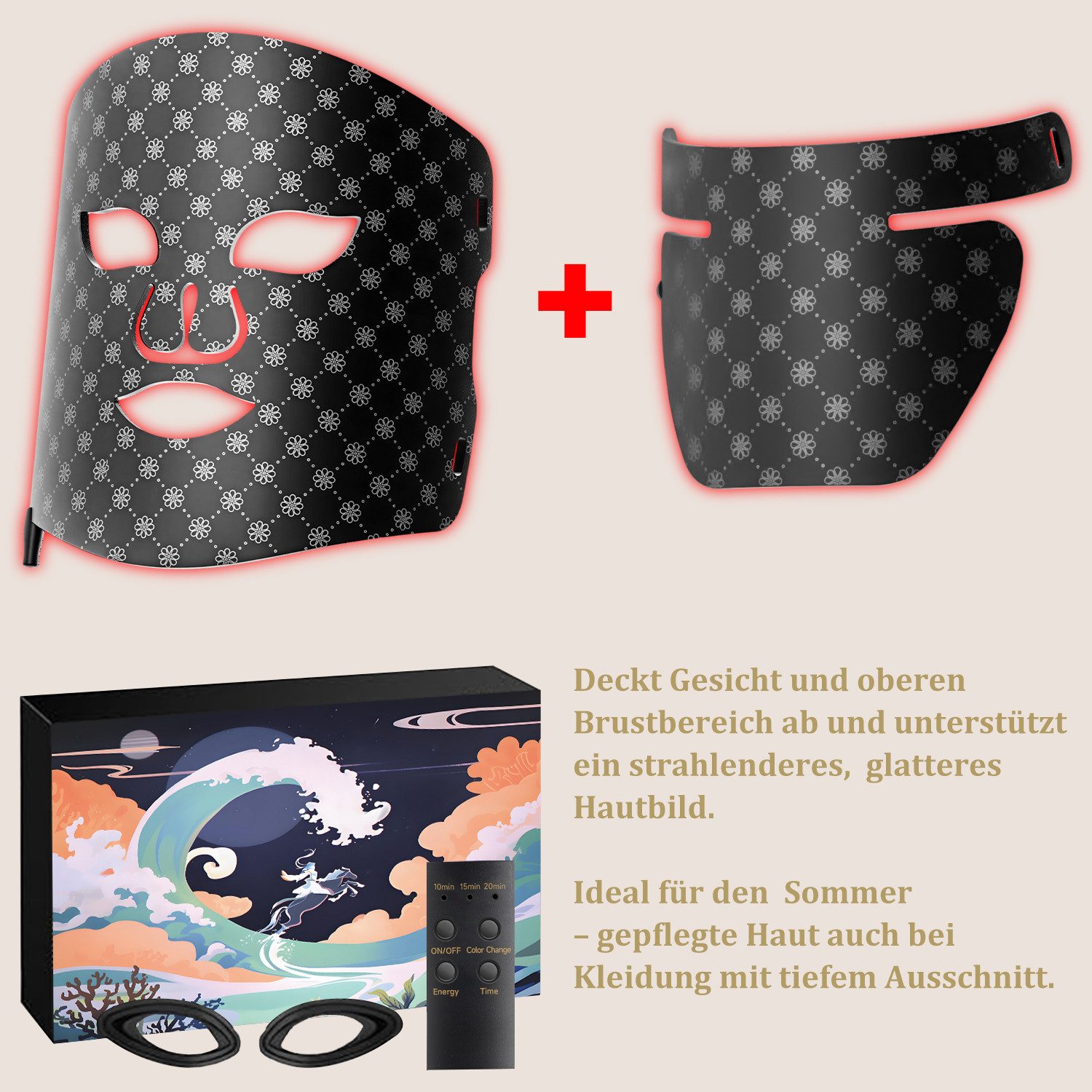 SWGOTA LED-Gesichtsmaske LED Gesichts- und Nackenmaske mit 7 Farben und 660 LEDs für Zuhause, LED Gesichtsmaske mit Rotlichttherapie,5 Intensitäten,Timer