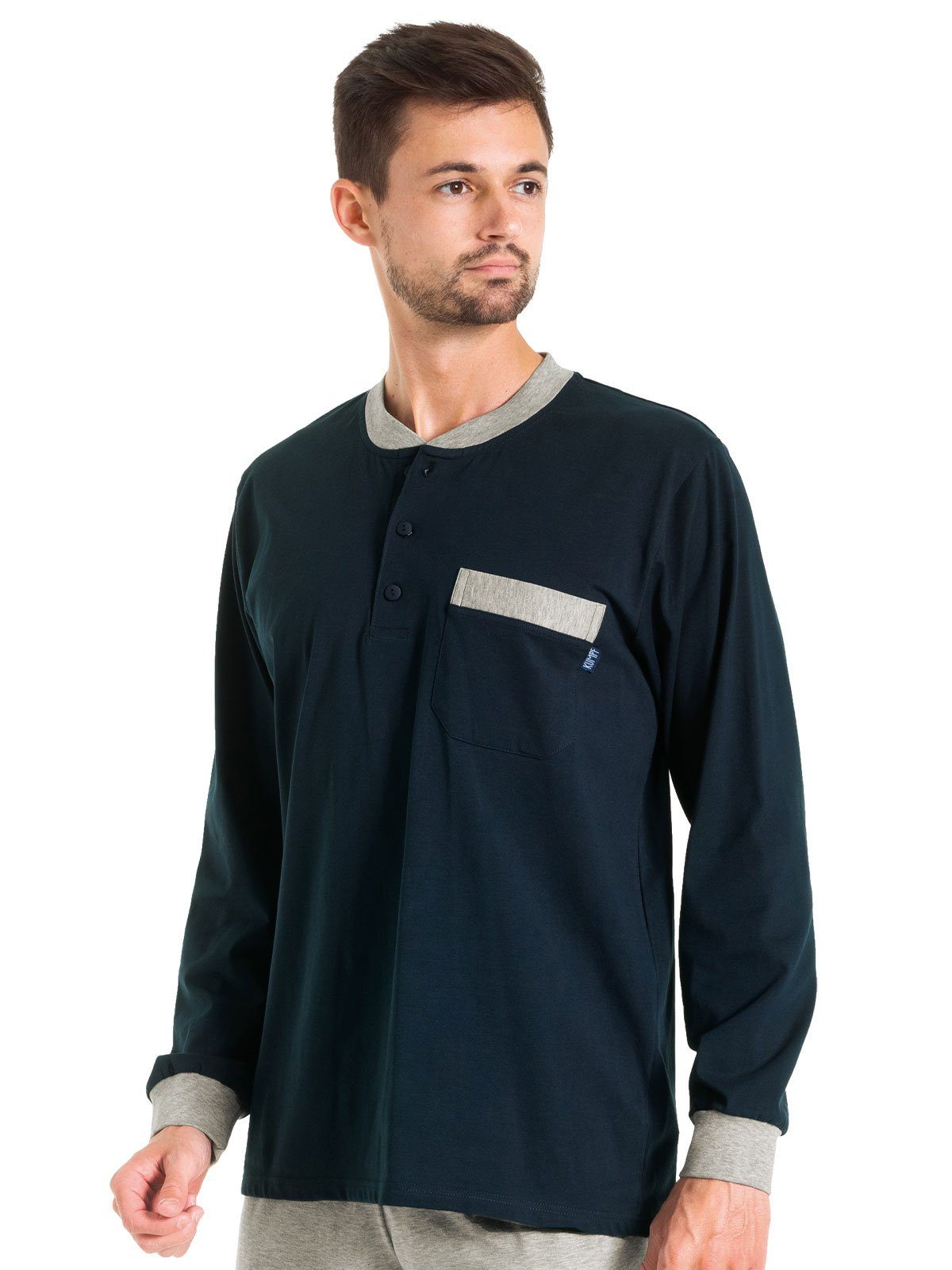 navy KUMPF Markenqualität Pyjama (Stück, 1 hohe Cotton Set langarm Pyjama Bio tlg) Herren