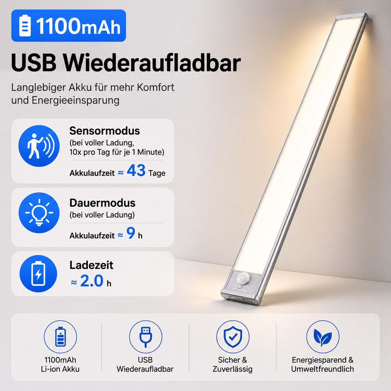 BOOD LED Unterbauleuchte mit Bewegungsmelder und Lichtsensor,20/30/40cm&1100/1800/2200mAh, USB-C wiederaufladbar,Einfach Montage Stark,schrankbeleuchtung, Warmweiß (3000 K), Neutralweiß (4000 K), Kaltweiß (6000 K), dimmbar,3 einstellbare Farben,mit Bewegungsmelder und Lichtsensor