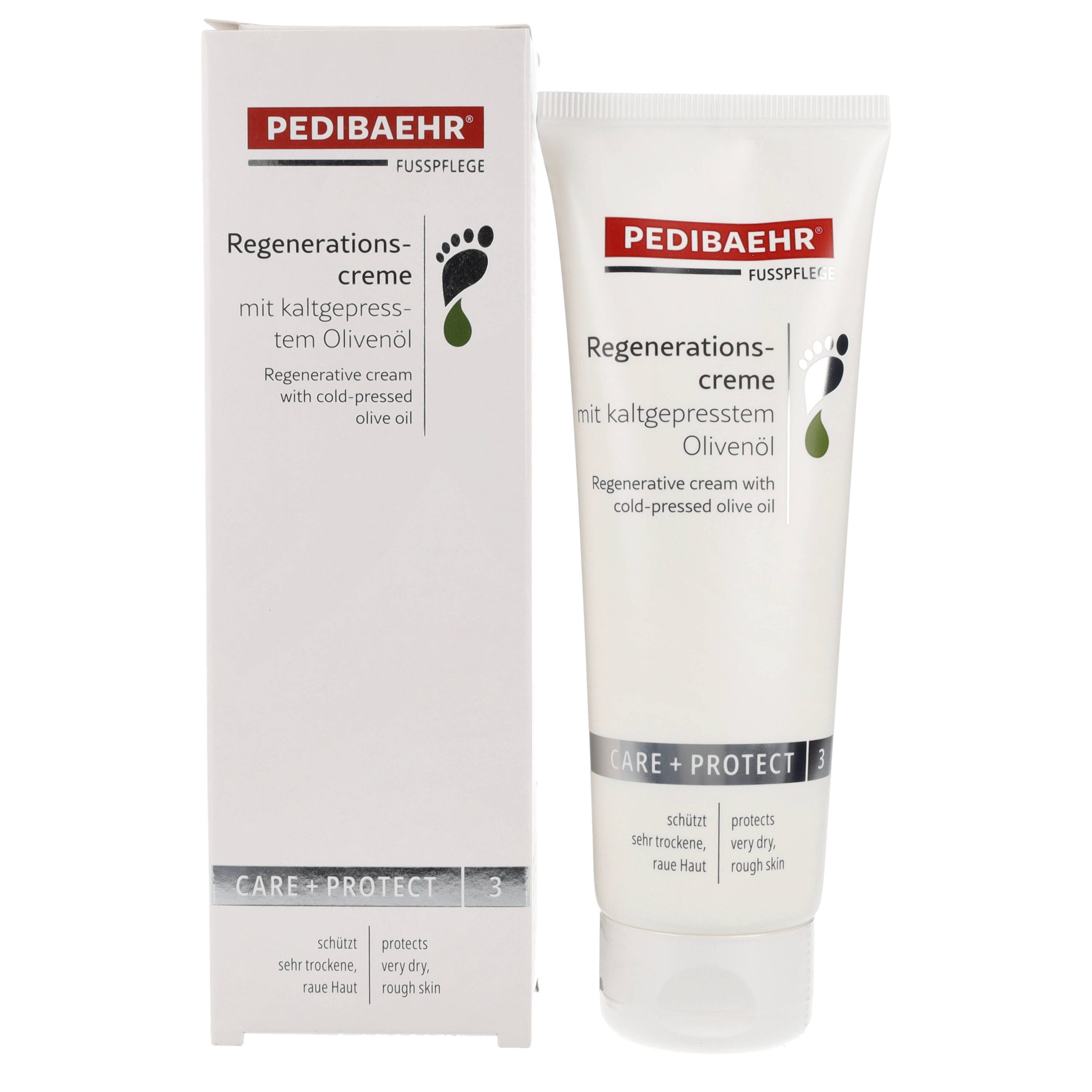 Pedibaehr Fußcreme Pedibaehr Regenerationscreme mit Olivenöl 125ml auch für sensible Haut geeignet, 1-tlg., Tiefenpflege aus Panthenol, Sheabutter & kaltgepresstem Olivenöl
