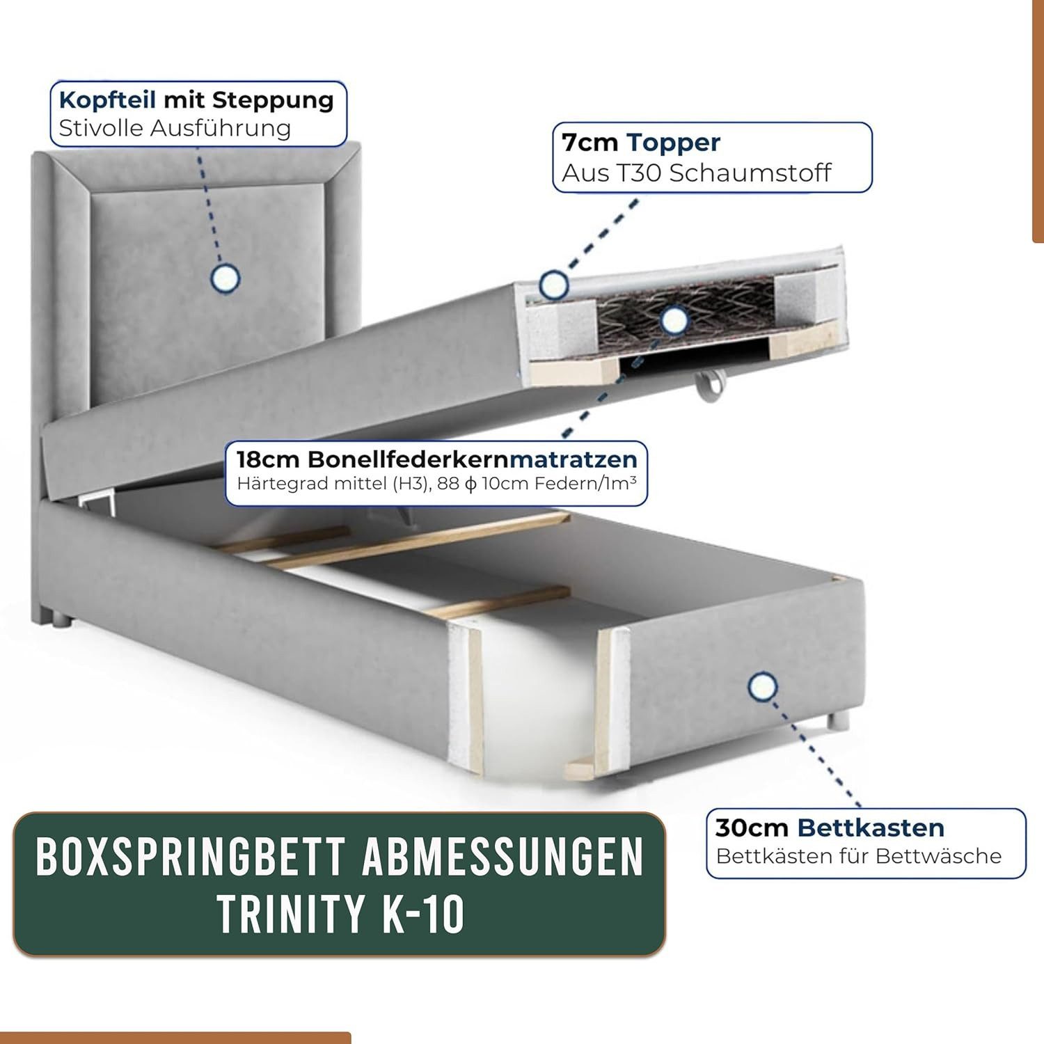 Best for Home Boxspringbett Trinity K10 SINGLE mit Bettkasten & Bonellfederkern, Komfort Topper H3 (Einzelbett, Polsterbett gepolstertes Kopfteil, Jugendbett, Kinderbett versch. Größen, 70x200 80x200 90x200 100x200 cm), mit oder ohne Topper, Flexible Liefermöglichkeiten, Handwerksqualität