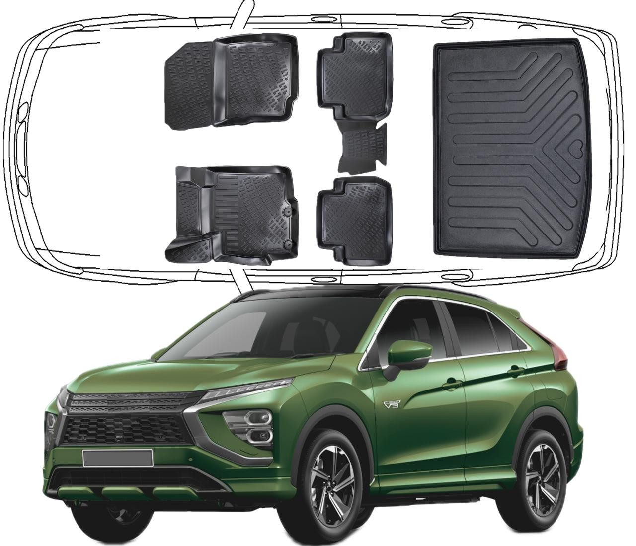 Trimak Passform-Fußmatten Oder Kofferraumwanne Oder Set kompatibel mit Mitsubishi Eclipse Cross, Mitsubishi Eclipse Cross ab 2018 Gummimatten Auto & Kofferraummatte