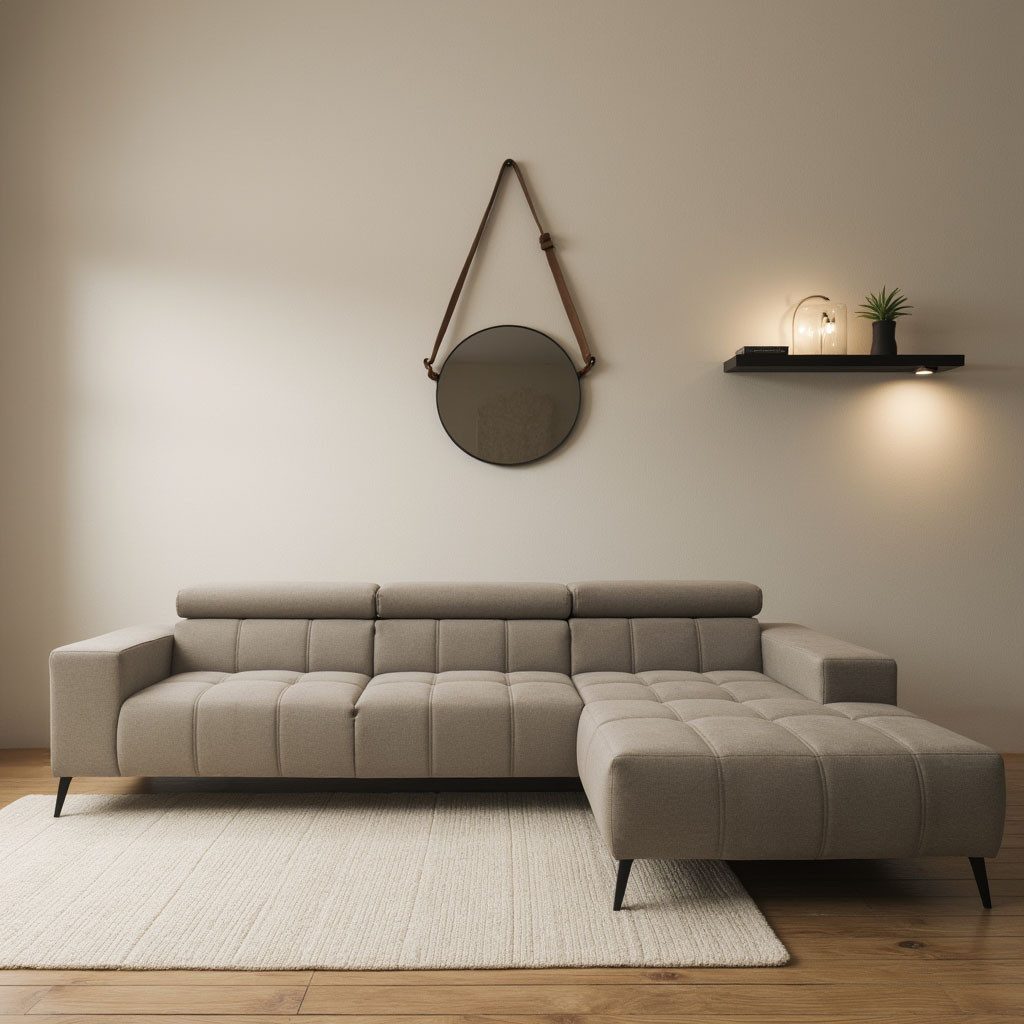 DOMO collection Ecksofa Trento L-Form, mit Kufenfuß oder Einzelfuß, wahlweise mit Kopfteilverstellung, Recamiere links/rechts bestellbar