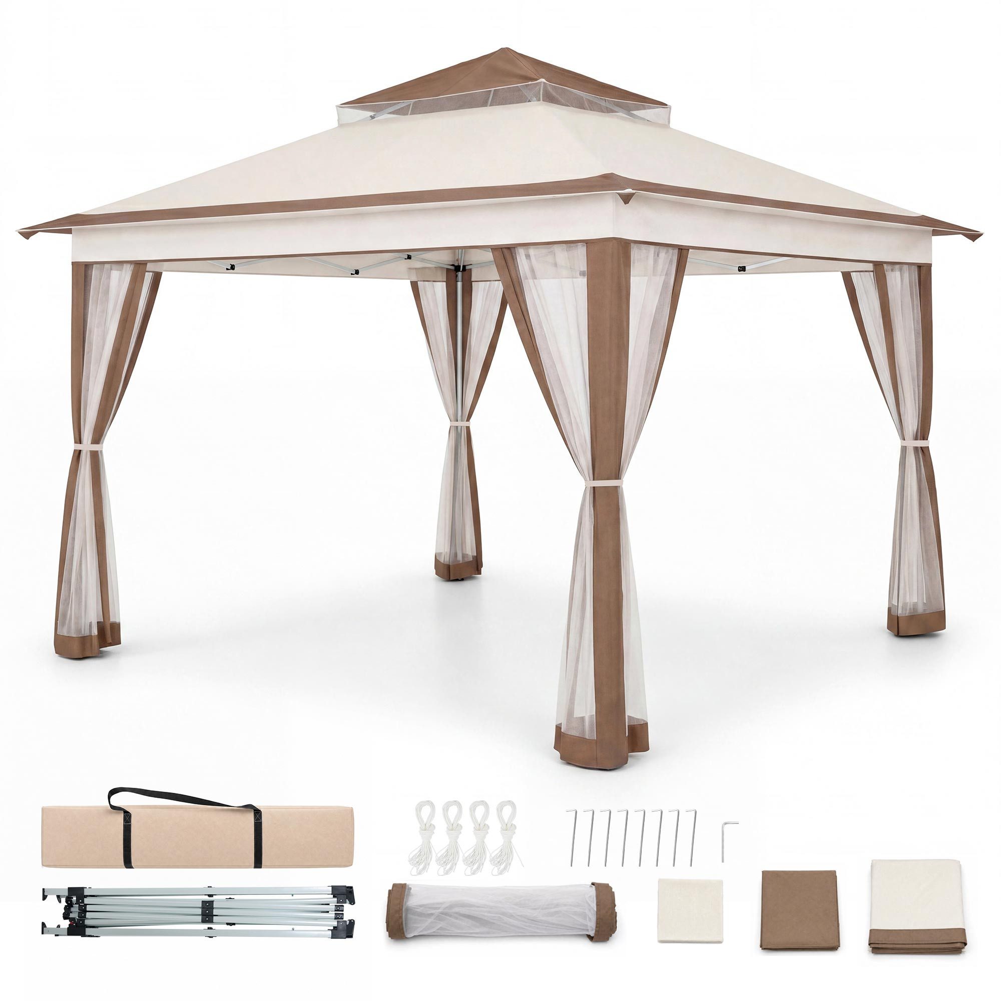 SUNTEK Pavillon Pop-up-Pavillon mit Moskitonetz, Schnellaufbau, höhenverstellbar, inkl. Tragetasche, 330×330×290cm, khaki