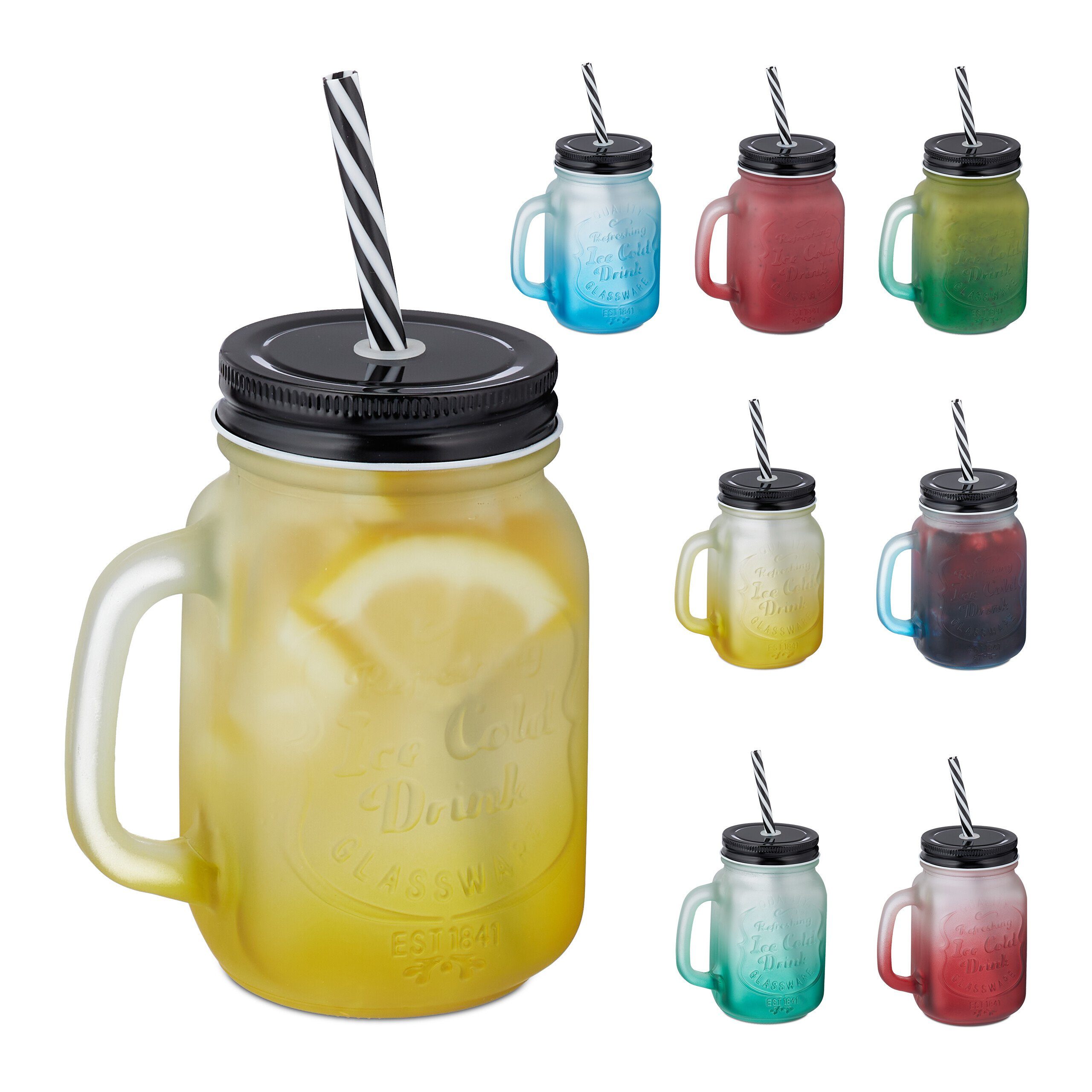 relaxdays Gläser-Set Bunte Trinkgläser mit Deckel 8er Set, Glas