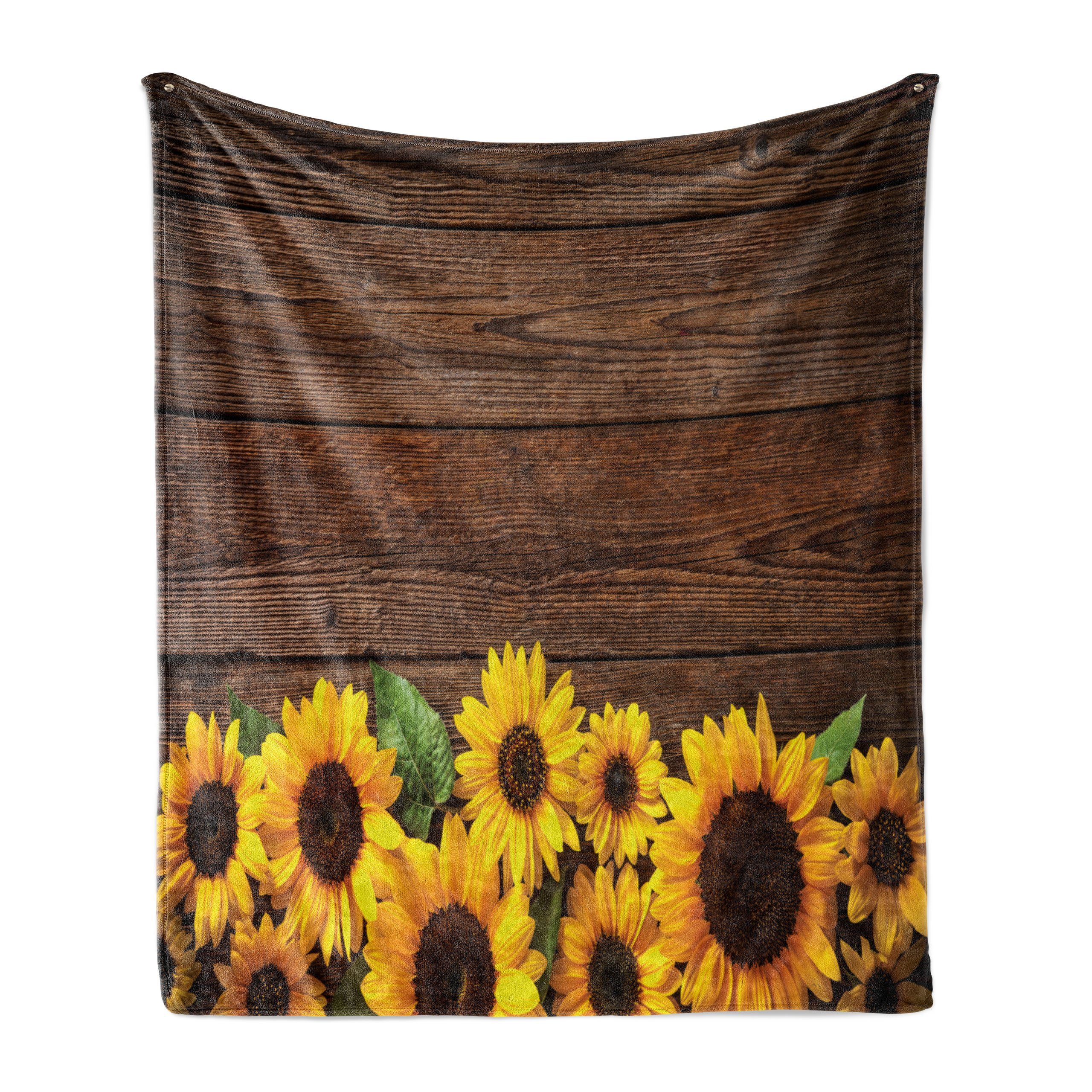 Wohndecke Gemütlicher Plüsch Sunflower Motiv den und rustikales für Herbst Innen- Abakuhaus, Außenbereich, Holz