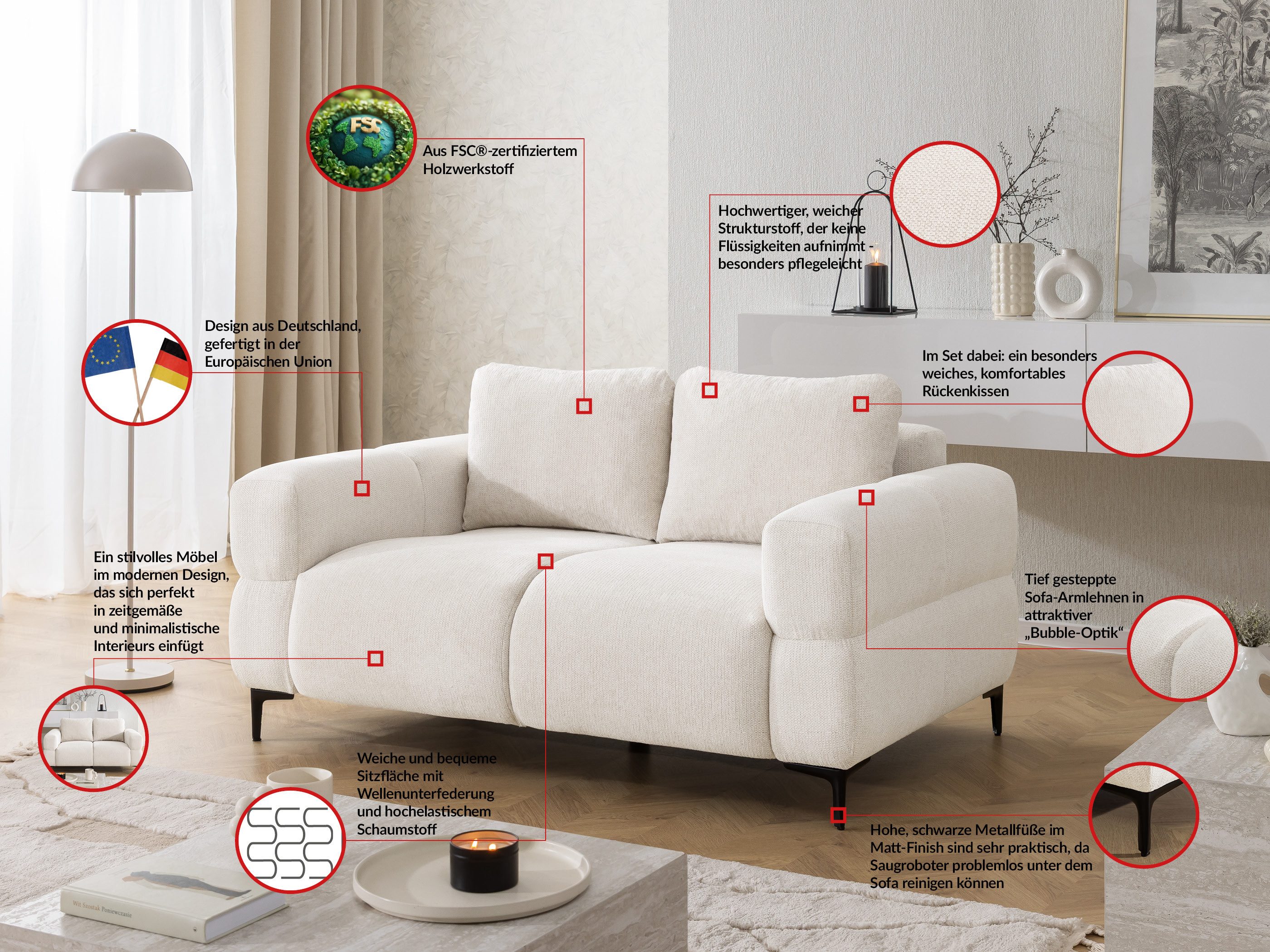 S-Style Möbel 2-Sitzer Sofa Cardea in Bubble-Optik aus weichem Strukturstoff, mit Wellenfederung und hohem Sitzkomfort