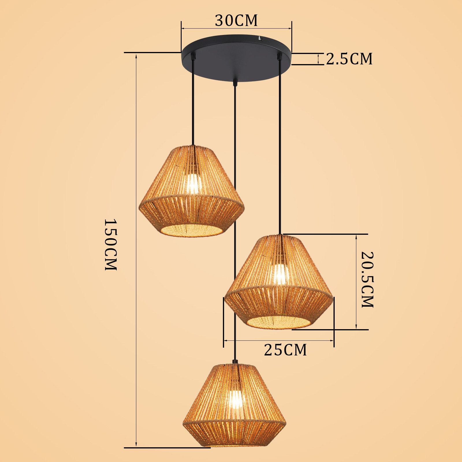 Nettlife Pendelleuchte Rattan 3 flammig Boho E27 Hängeleuchte für Esstisch, Ohne Leuchtmittel, für Esstisch Esszimmer Schlafzimmer Wohnzimmer – Bild 3 von 5