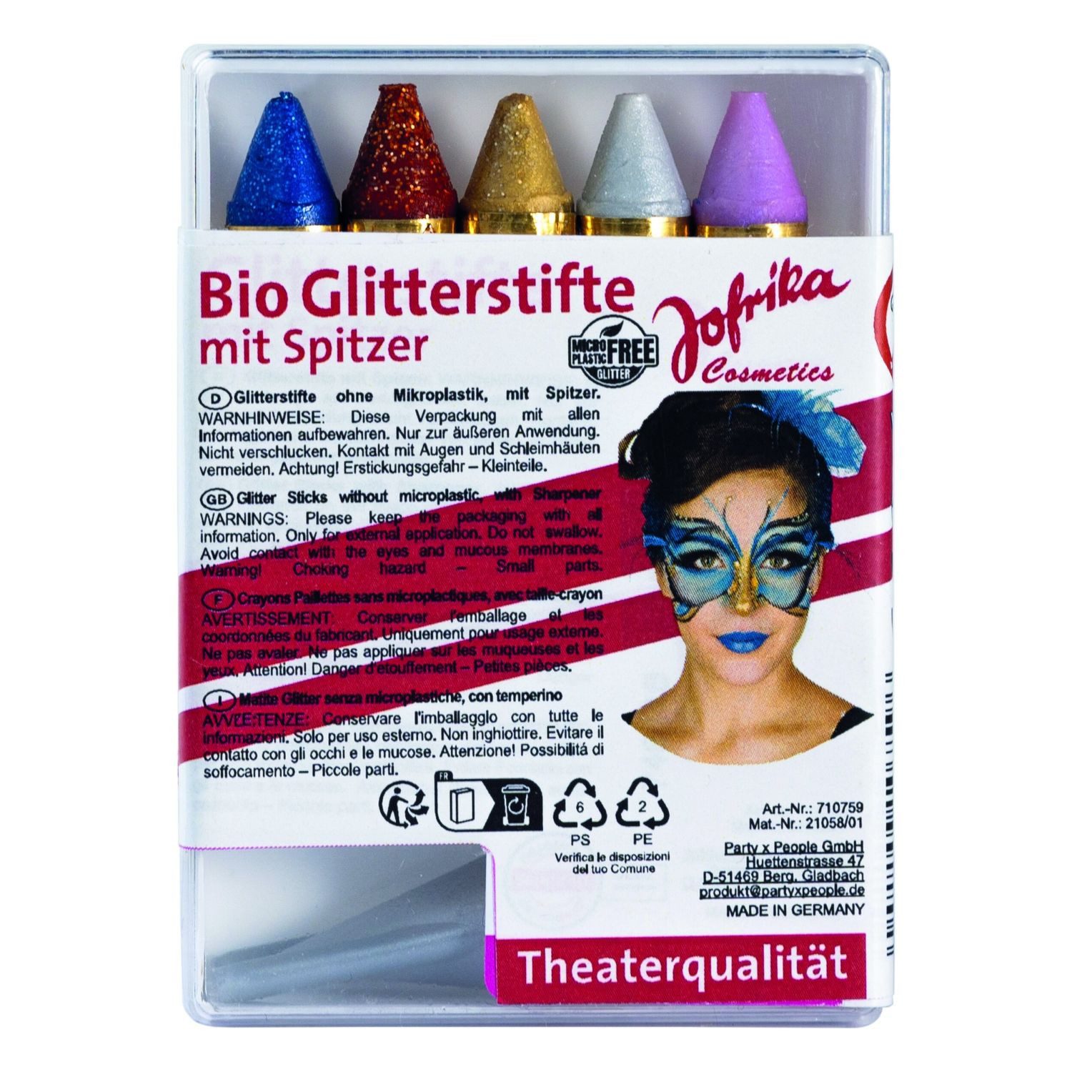 jofrika Theaterschminke 5 Bio Schminkstifte 'Glitter', mit Spitzer