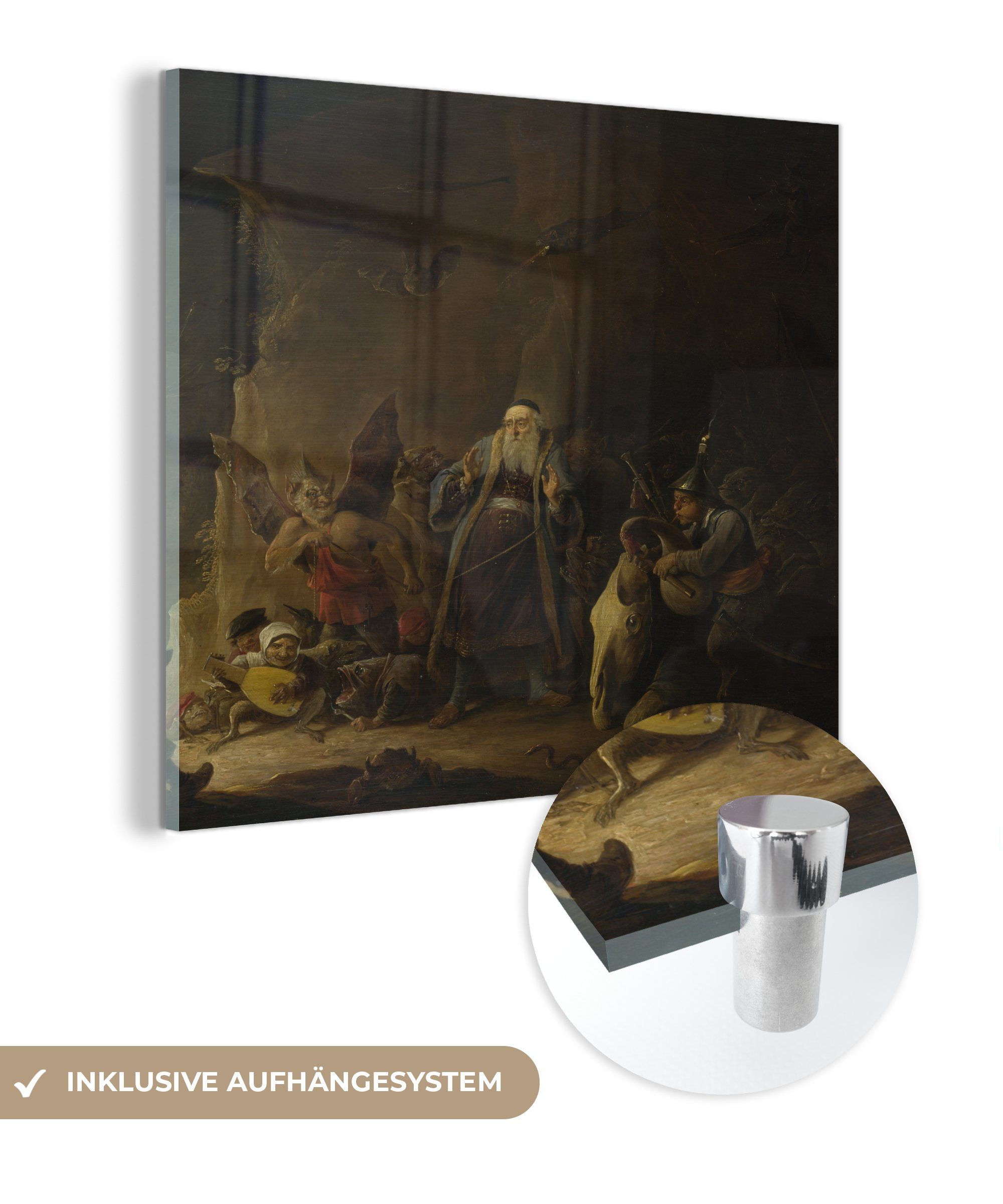 MuchoWow Acrylglasbild Der geführt Glasbilder Wanddekoration auf Glas wird auf (1 Glas reiche Teniers - - zur der, Mann, Foto David - Hölle der Wandbild St), - Bilder