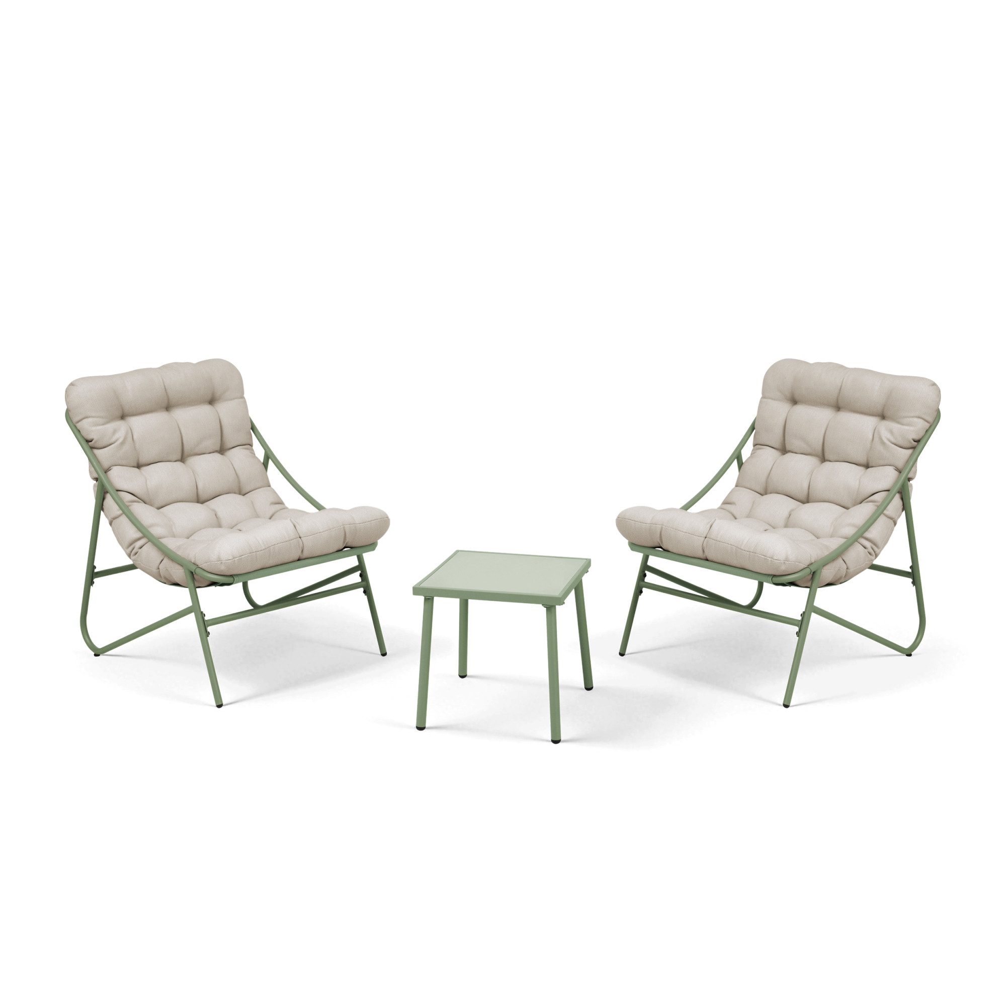 en.casa Loungeset, (Set, 3-tlg., 1 Outdoor-Tisch, 2 Loungesessel mit Polsterkissen), »Trölleping« Metallgestell Polsterkissen Glasplatte Hellgrün/Beige