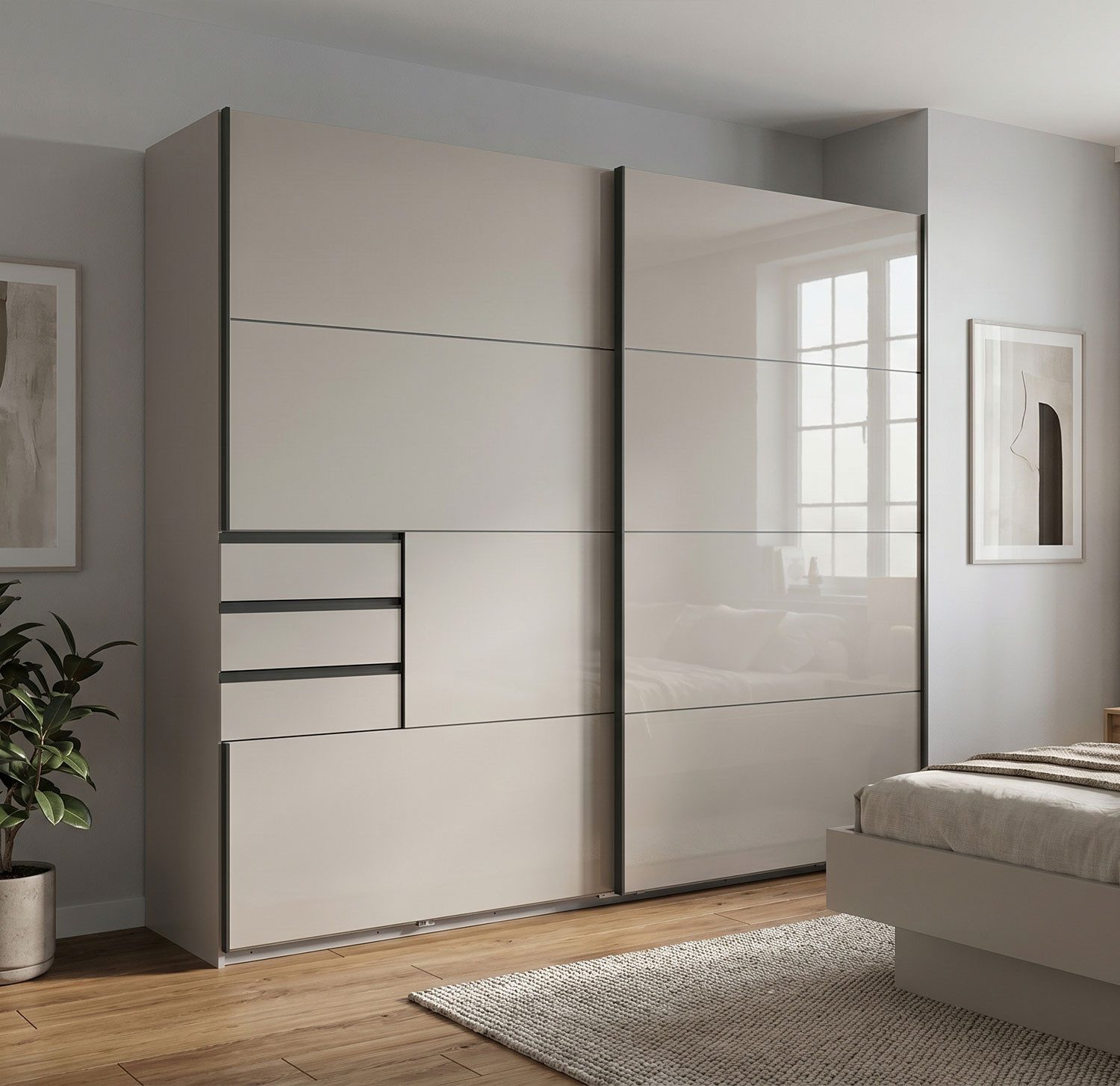 Wimex Schwebetürenschrank Saigon (Saigon, 1-St., Schwebetürenschrank) 225 cm sandgrau, Grauglas