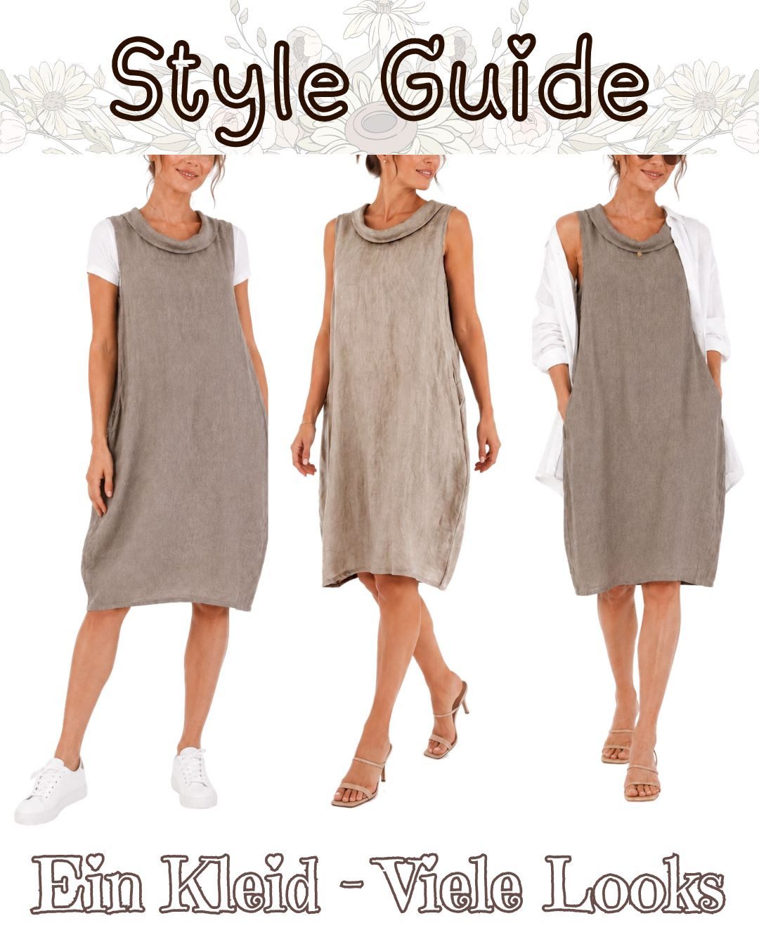 dy_mode Midikleid Damen Leinenkleid Luftiges Midi Sommerkleid Ballonkleid Strandkleid in Unifarbe, Wasserfallkragen, mit seitlichen Eingriffstaschen – Bild 5 von 5