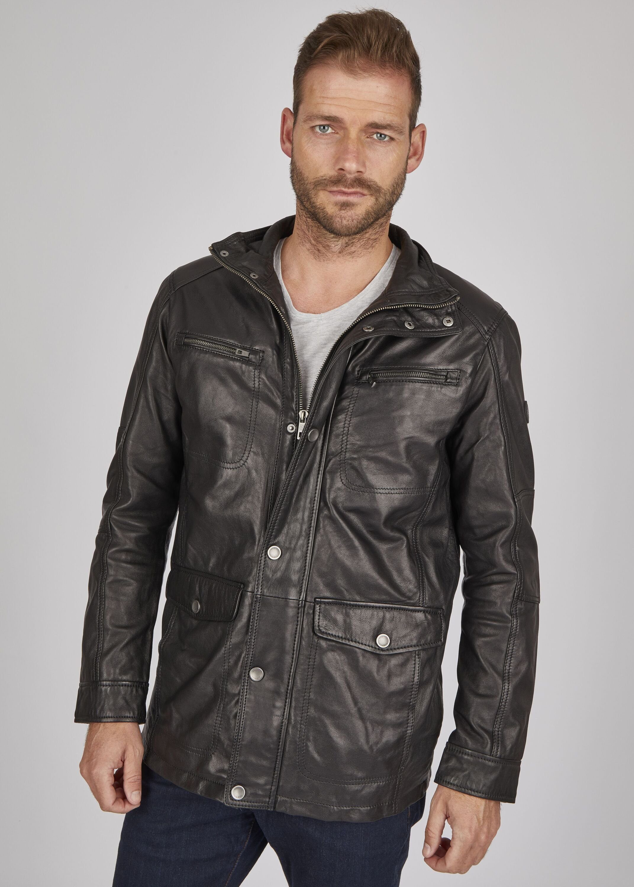 bugatti Lederjacke BUDAVID (1-St) mit Pattentaschen und Abdeckleiste