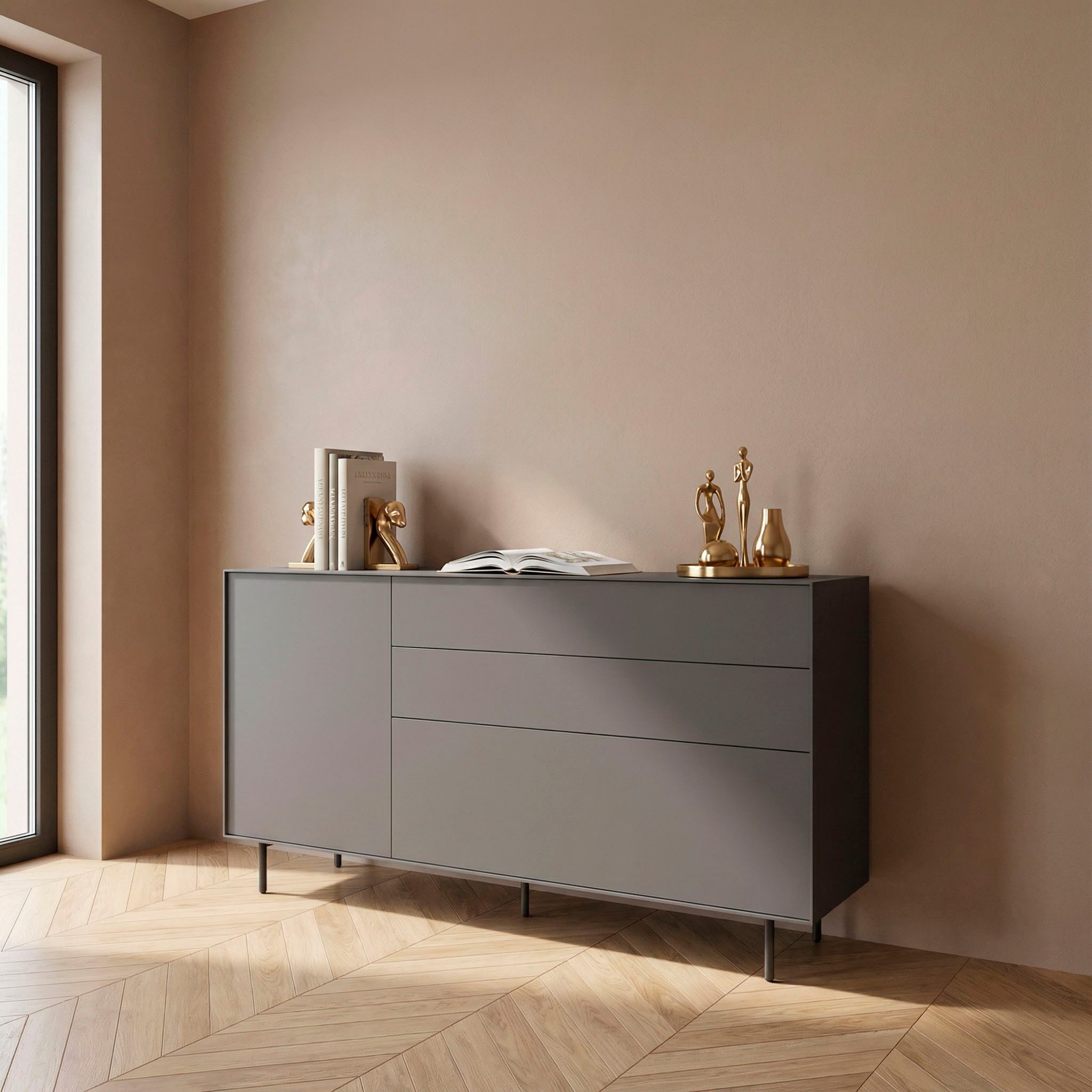 LeGer Home by Lena Gercke Sideboard Essentials, Kommode, Anrichte, Kombikommode, Schrank mit Metallfüßen, Breite: 111 cm, UV lackiert, Push-to-open-Funktion