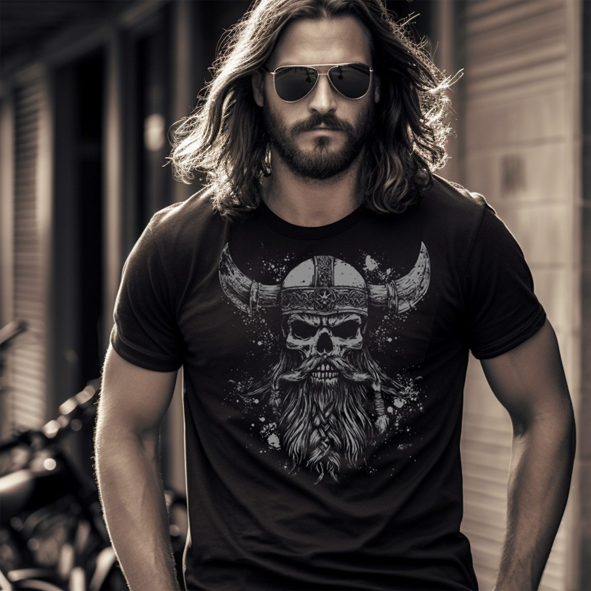 MAKAYA T-Shirt mit Wikinger Krieger Totenkopf Moitv mit Helm Viking Skull für Männer (Schwarz, Blau, Blaugrau, Grün, S, M, L, XL, XXL, 3XL, 4XL, 5XL) Baumwolle