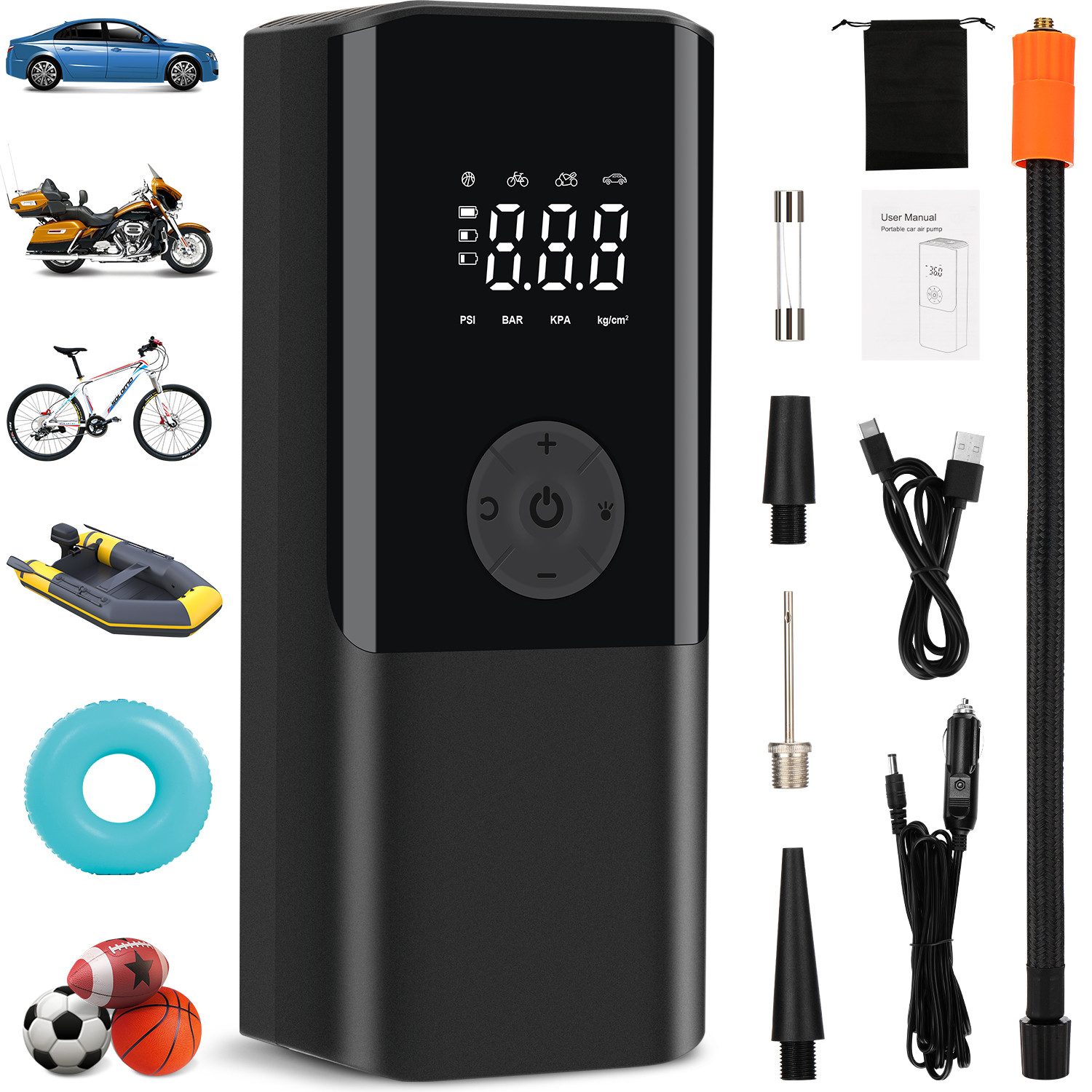 oyajia Elektropumpe Tragbare Elektrische Luftpumpe mit LCD Display & LED Licht (Dual-Power Kompressor mit Auto-Stopp & 4 Modi für Auto, Motorrad & Ballsport, 150PSI Mini Luftkompressor mit Powerbank-Funktion, USB-C Schnellladung)