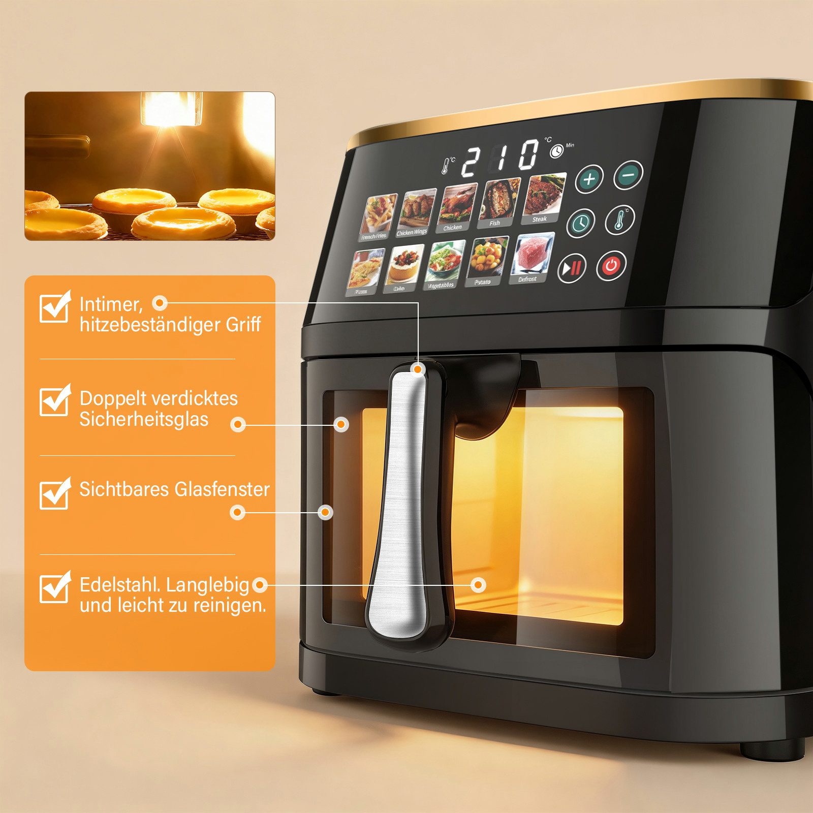 oyajia Heißluftfritteuse XXL Airfryer 10L mit LED-Farbdisplay & Sichtfenster, 10 Programme, LED-Touchscreen in Farbe, einfacher Reinigung, 2000 W, Heißluftfrittieren, Backen, Grillen, Aufwärmen, Hydrieren, Auftauen