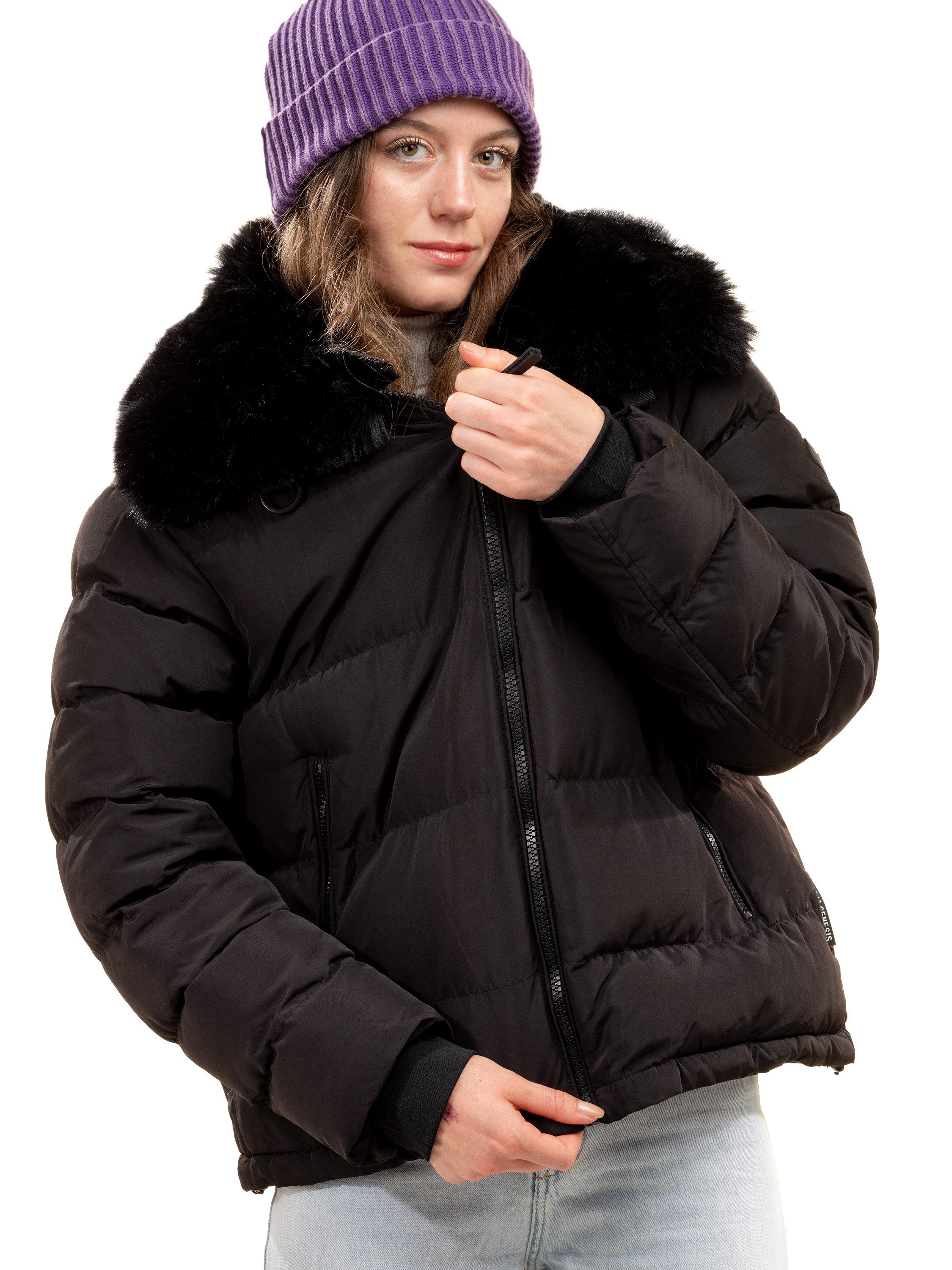 Shorai Steppjacke modische Kurzjacke mit Kunstfellkragen SH2404.537 schwarz, kurzer sportlicher Schnitt, Weitenregulierung in der Taille