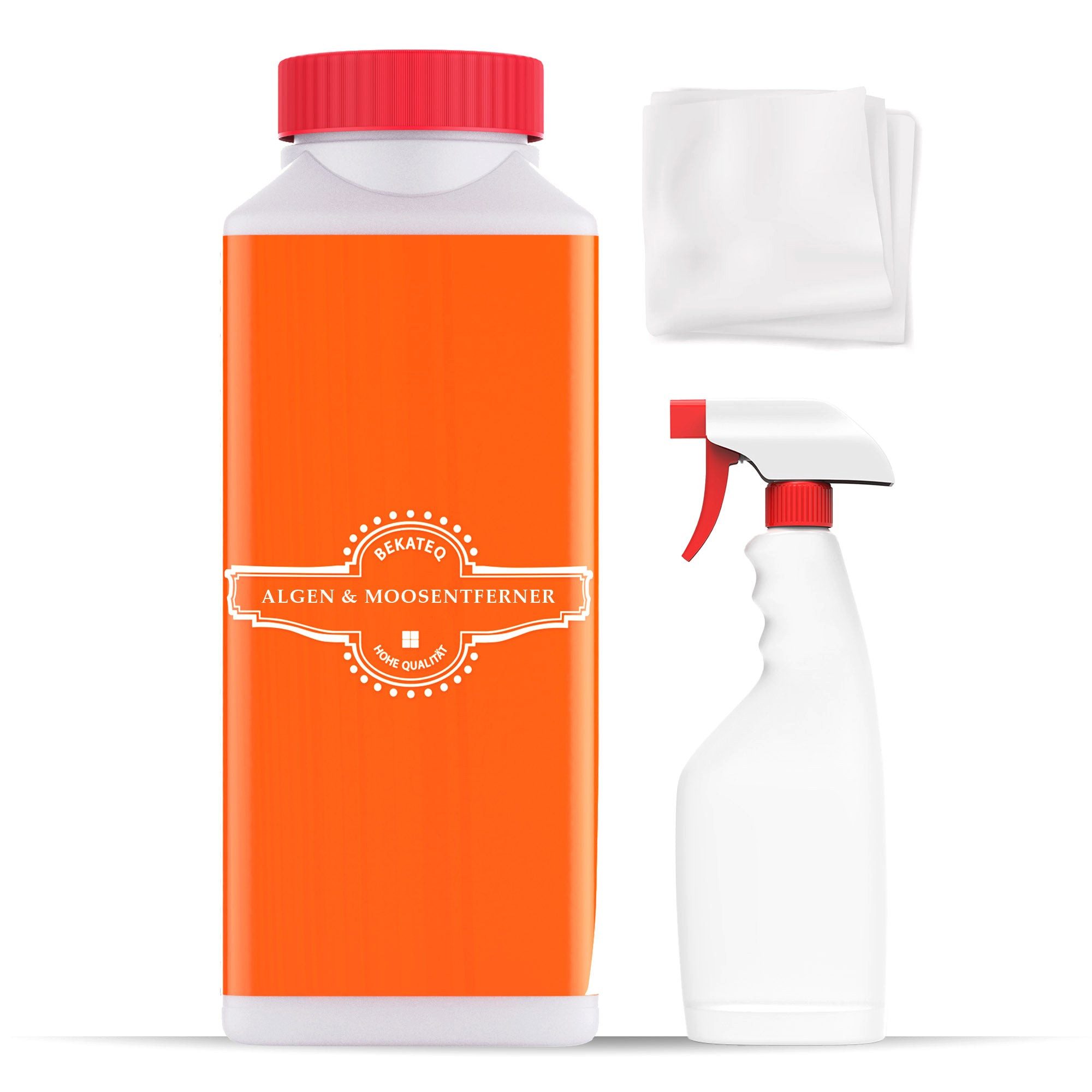 BEKATEQ BE-509 Algen und Moosentferner Set mit Sprühflasche und Vliestuch Grünbelagentferner (Algenentferner + Sprühflasche + Vliestuch, [- Set 1L reicht aus für 10qm)