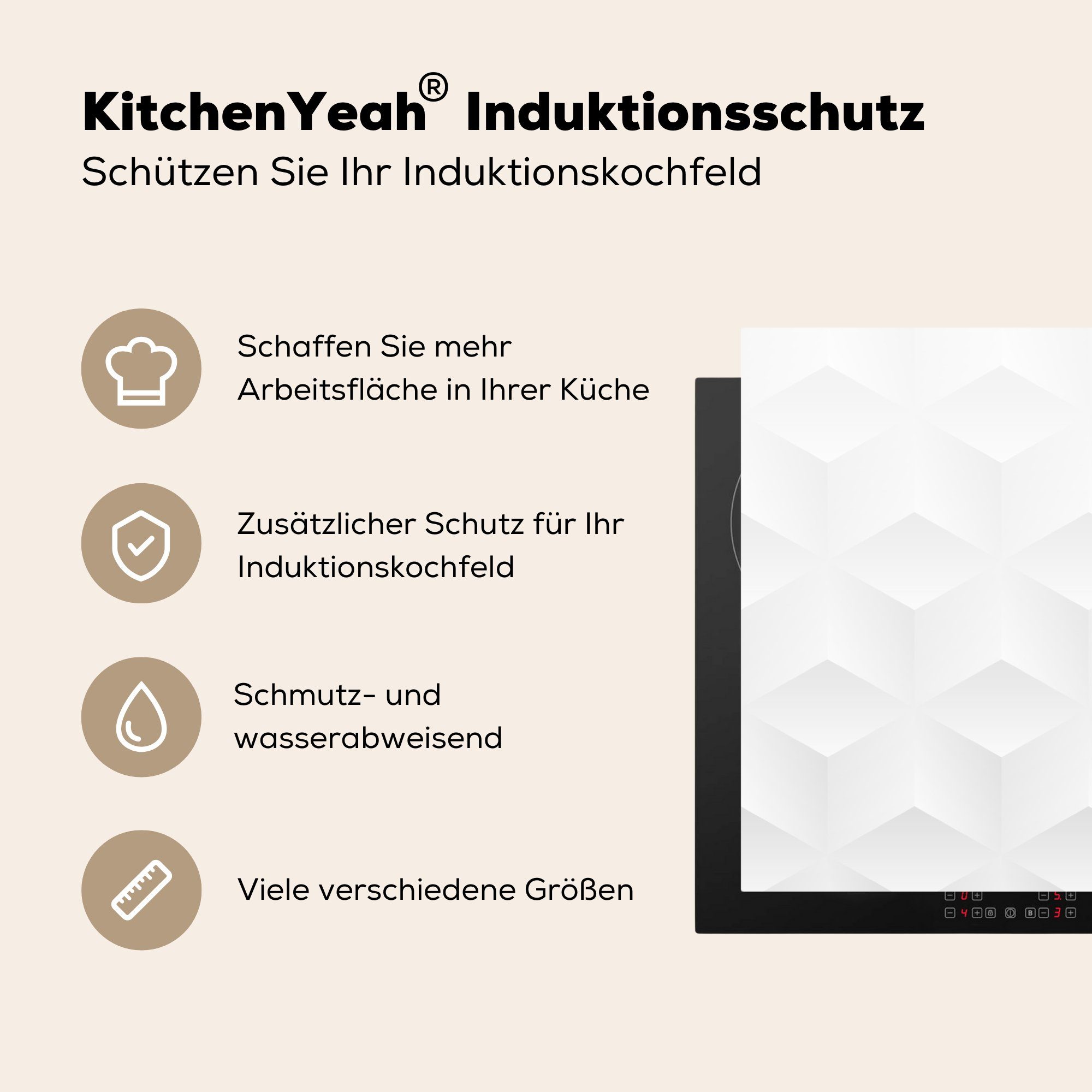 3D Induktionskochfeld MuchoWow für küche, Ceranfeldabdeckung Herdblende-/Abdeckplatte Hintergrund Vinyl, Weiß, die 81x52 cm, - (1 tlg), Schutz -