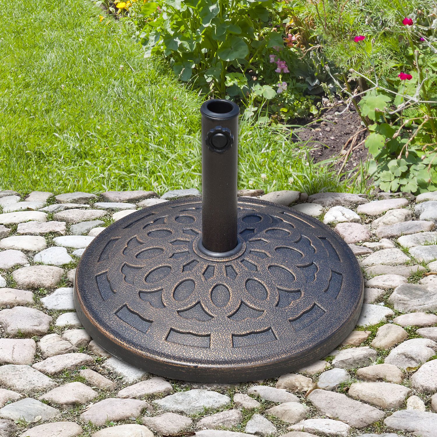 Outsunny Schirmständer Sonnenschirmständer 14kg Griffe, Rund Schirmhalter, für Balkon (Sonnenschirmfuß, 1 St., Schirmständer), Harz Bronze Ø48,5 x H34cm