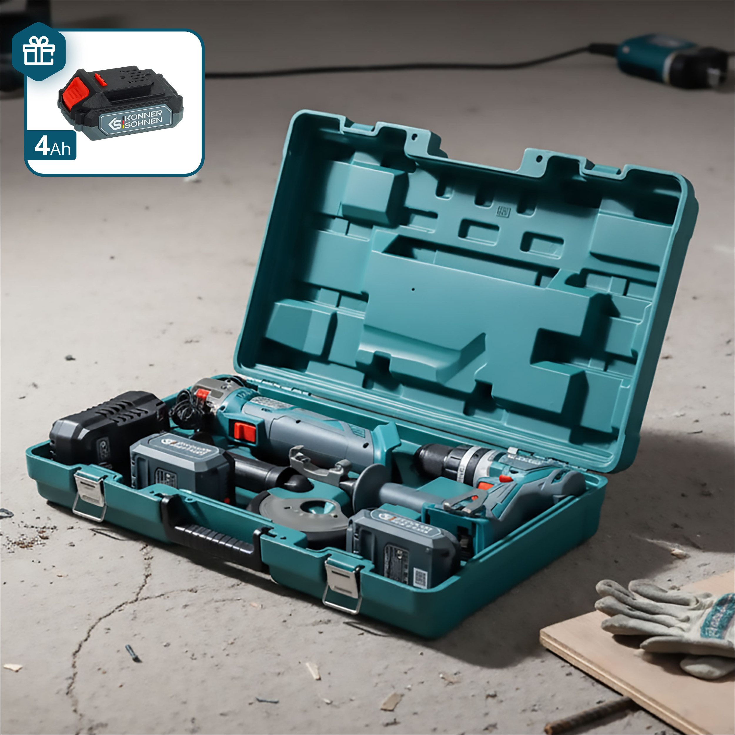 Könner & Söhnen Akku-Schlagbohrschrauber KS IDAGB 20V SET 1 PLUS, (Werkzeug-Set mit Schlagbohrer, Winkelschleifer, 3 Akkus & Koffer, 1-tlg., Inklusive zusätzlichem 4Ah Akku als Geschenk & Ladegerät), 80Nm bürstenlos, Drehzahlregelung Schleifer, Metallgetriebe