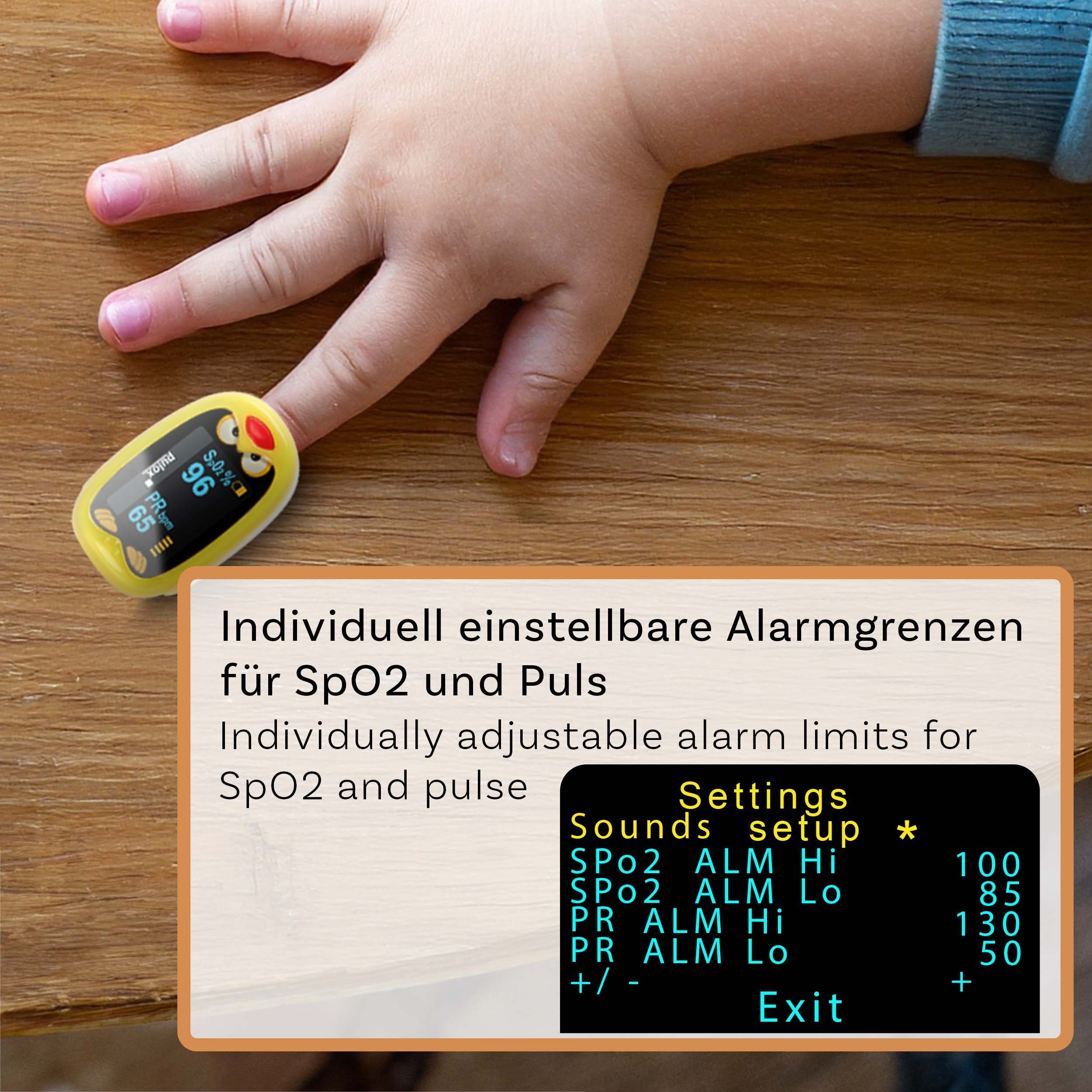 pulox Pulsoximeter PO-210B für Kinder - Akkubetriebenes Kinderoximeter mit Warnfunktion