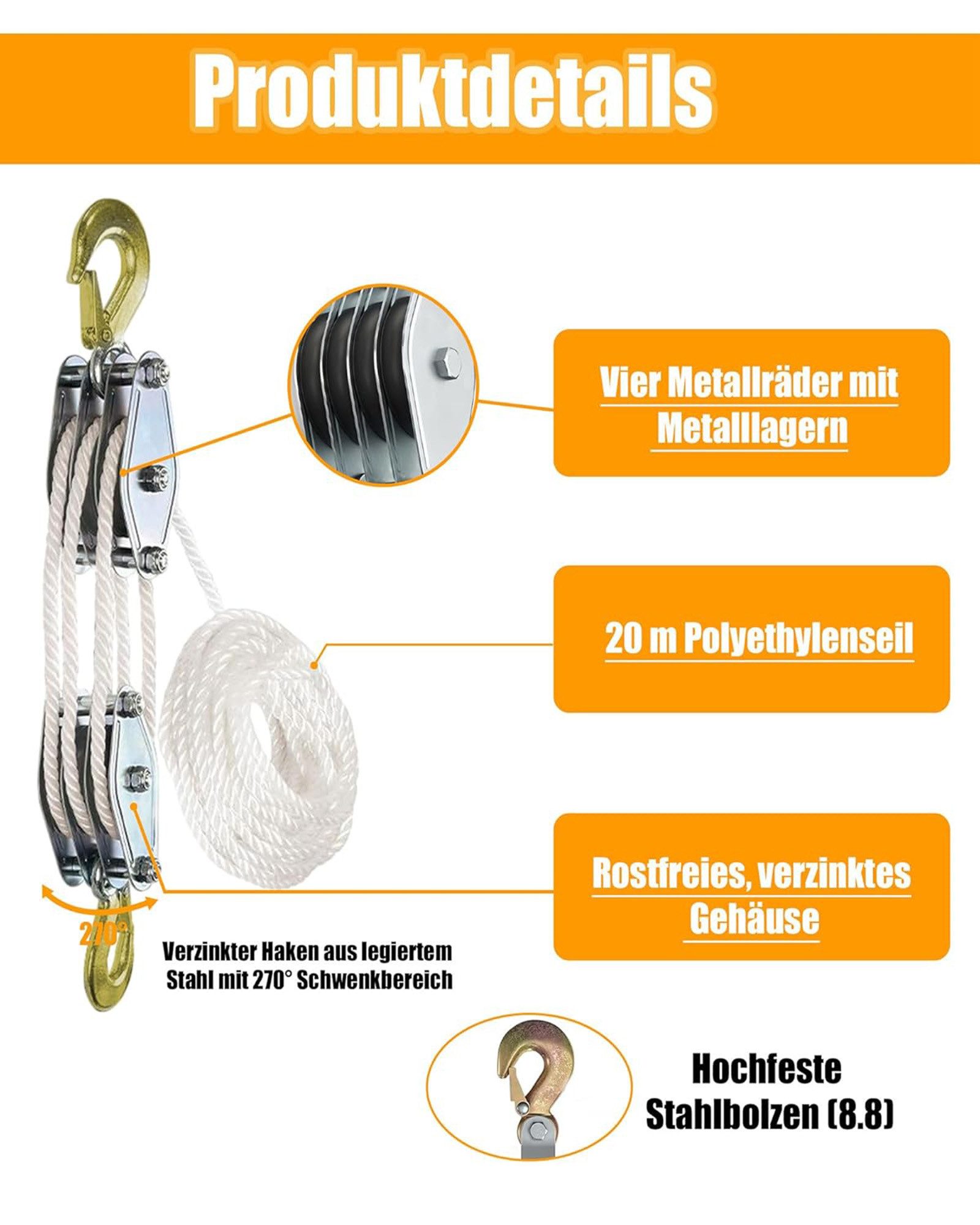 ibettertec Seilzug Seilzug, Hubseile, Manueller Flaschenzug, Hochleistungs-Seilzug, (Spar-Set, 1 St., 20 Meter Hochleistungs-Nylonseil, 4-Rollen-System), kraftsparend 8:1 Übersetzung, rostfest, wetterfest, manuell bedienbar