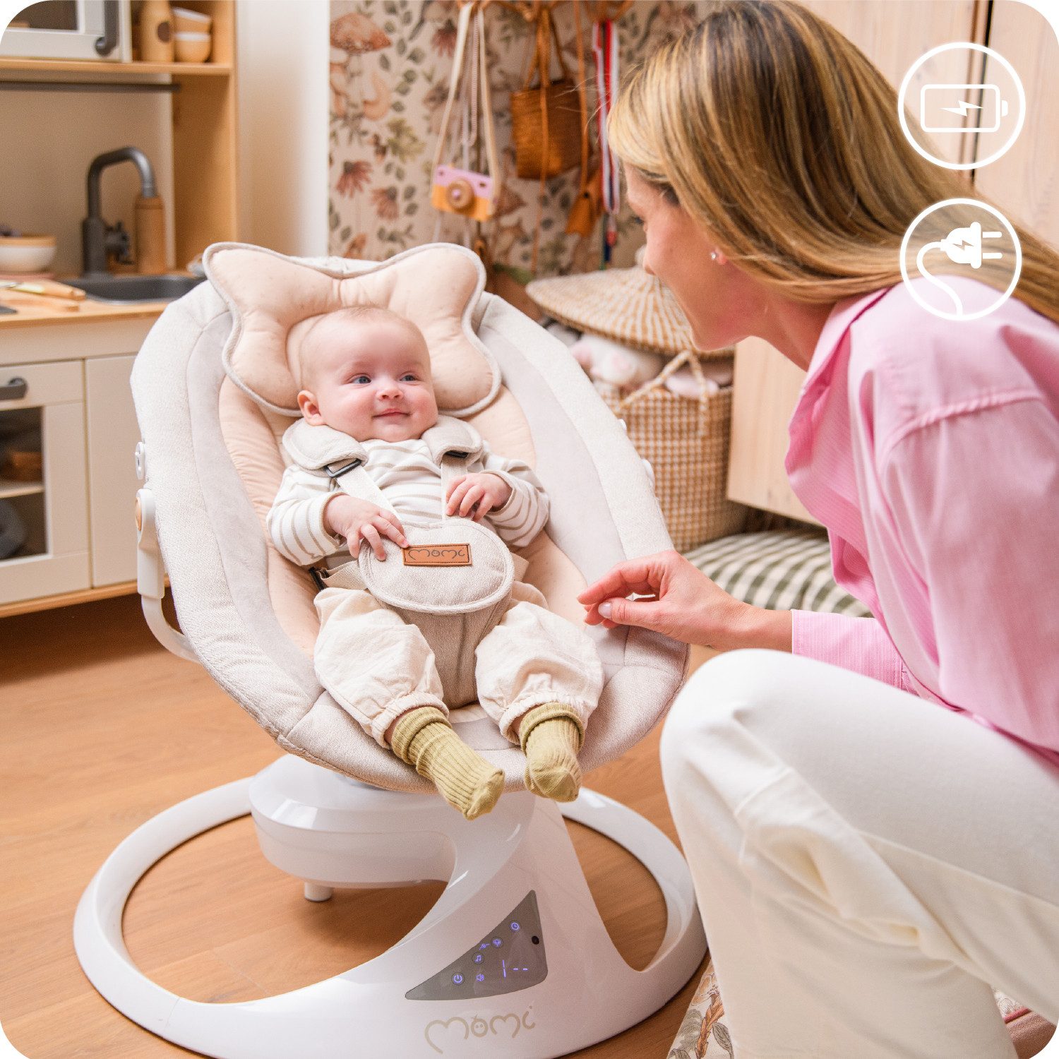 MoMi Babywippe Pearl, 360° drehbar, Bluetooth, 5 Stufen, 2 Modi