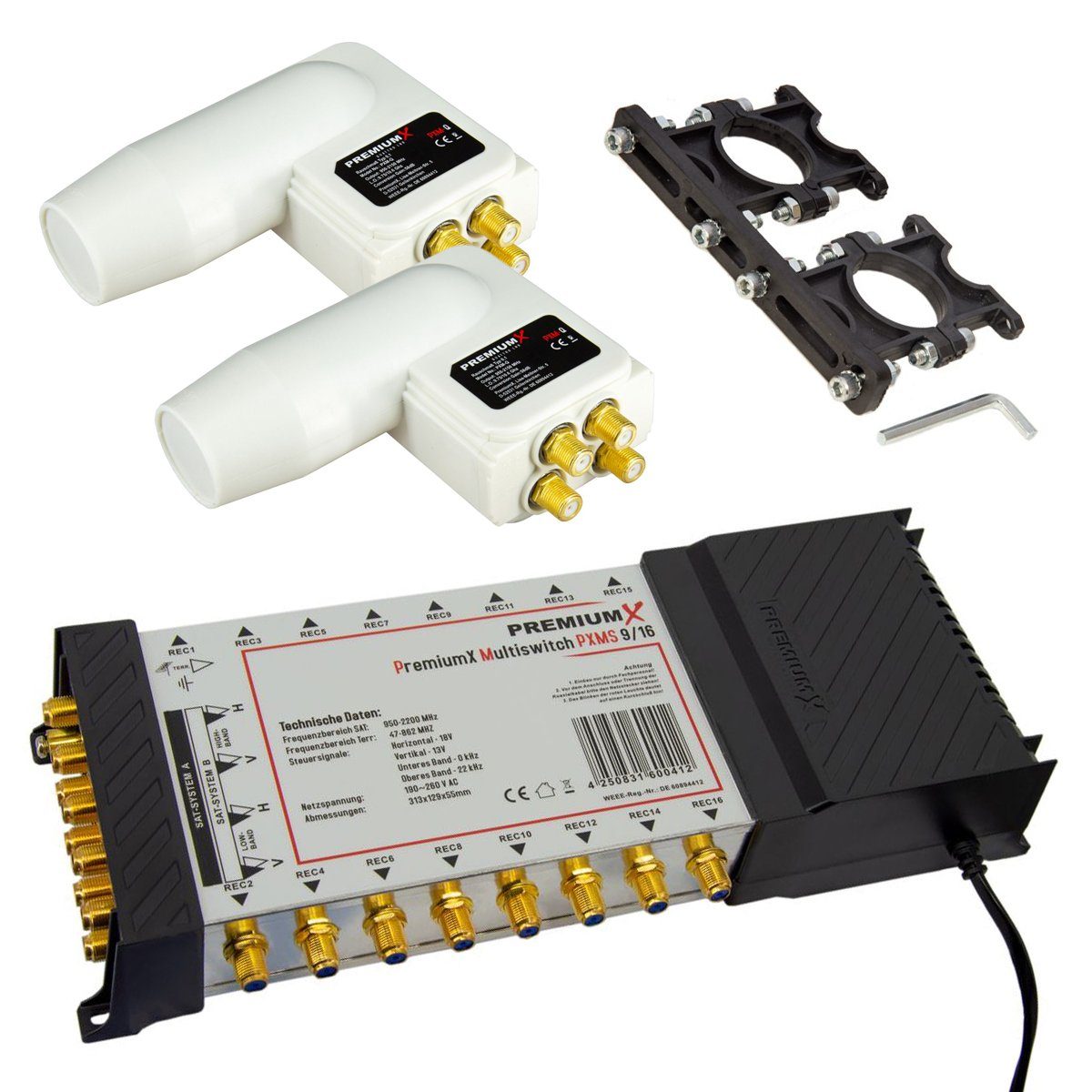 SAT-Multischalter Multischalter Set 9/16 Multiswitch SAT 2x Quattro LNB Multifeedhalter