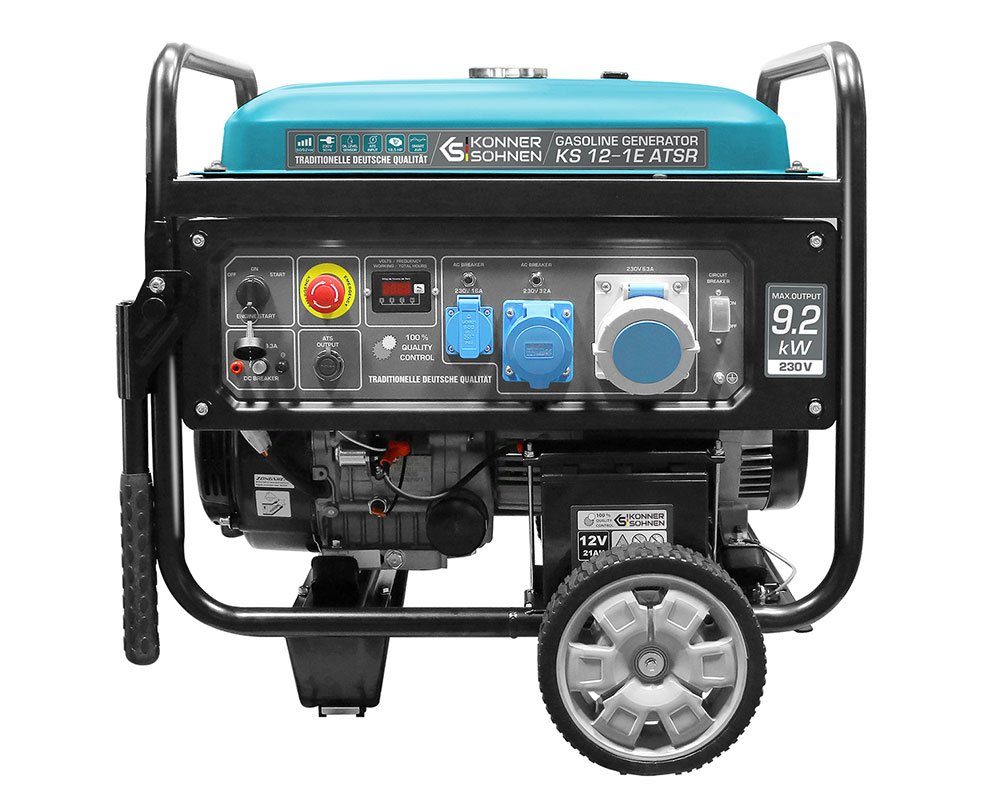 Könner & Söhnen Stromerzeuger KS 12-1E ATSR, 9,20 in kW, (Benzin-Stromerzeuger, 1-tlg., 1-Zylinder-Generator mit E-Start, 55 l Tank und ATSR-Anschluss), Kraftvoller 18,5 PS Motor, 100% Kupferwicklung & Not-Aus-Taster