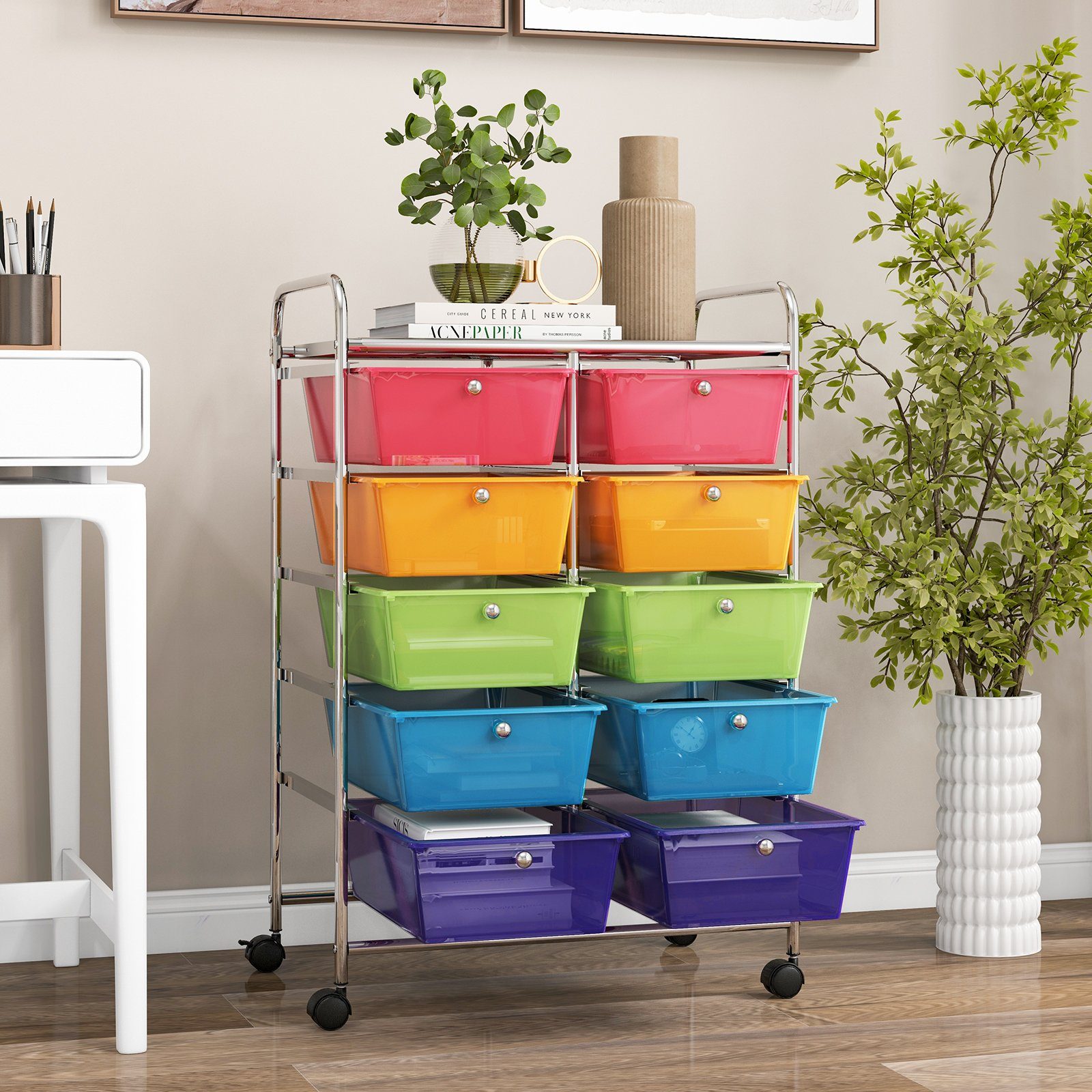 Salonwagen Mit 5 Schubladen & Ausziehbarer Ablage – 91,9 X 63,5 X 32 Cm, 360° Rollen, Für Friseure & Beauty-Studio