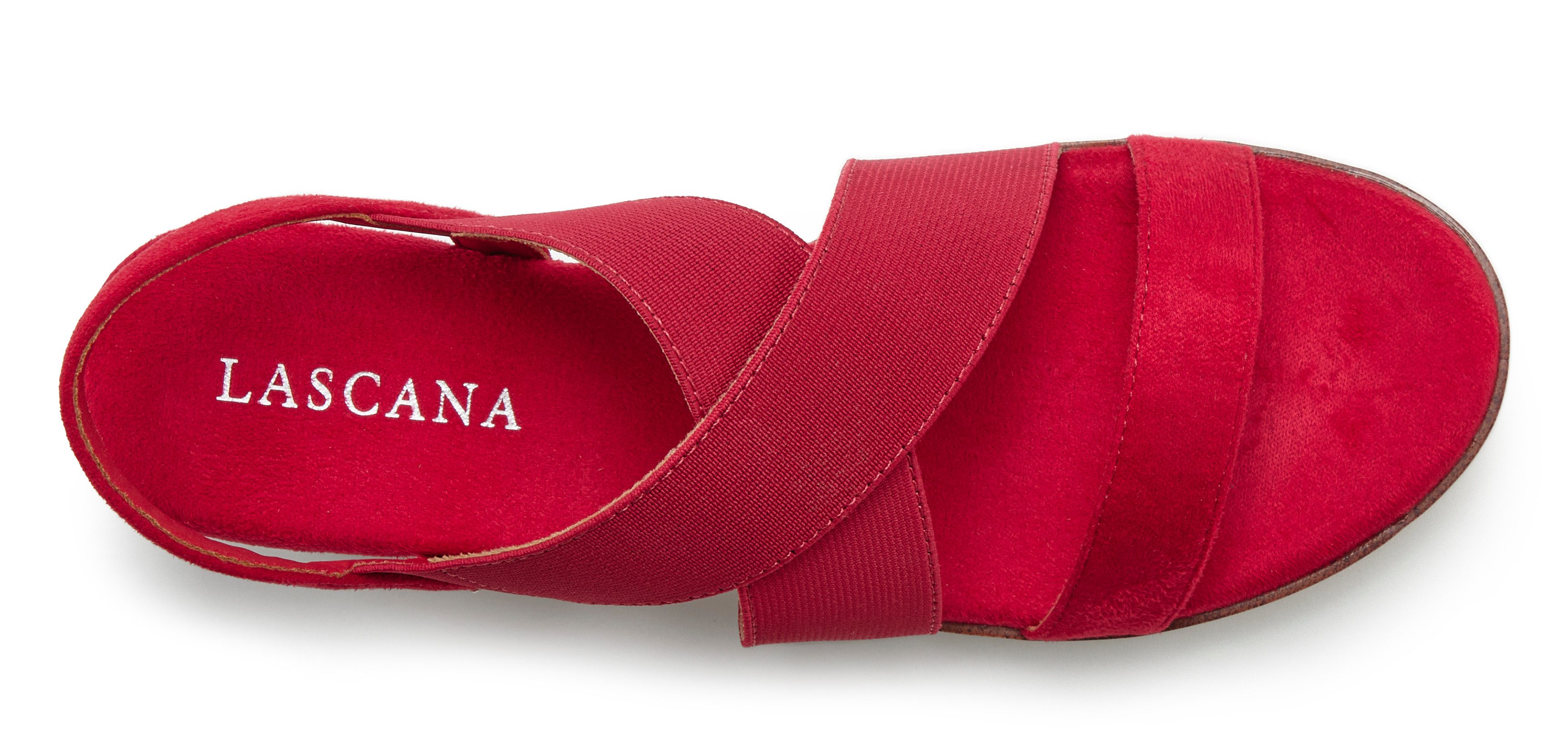 LASCANA Sommerschuh, offener Schuh, Sandale, Keilsandalette, Sandalette mit elastischen Riemchen VEGAN