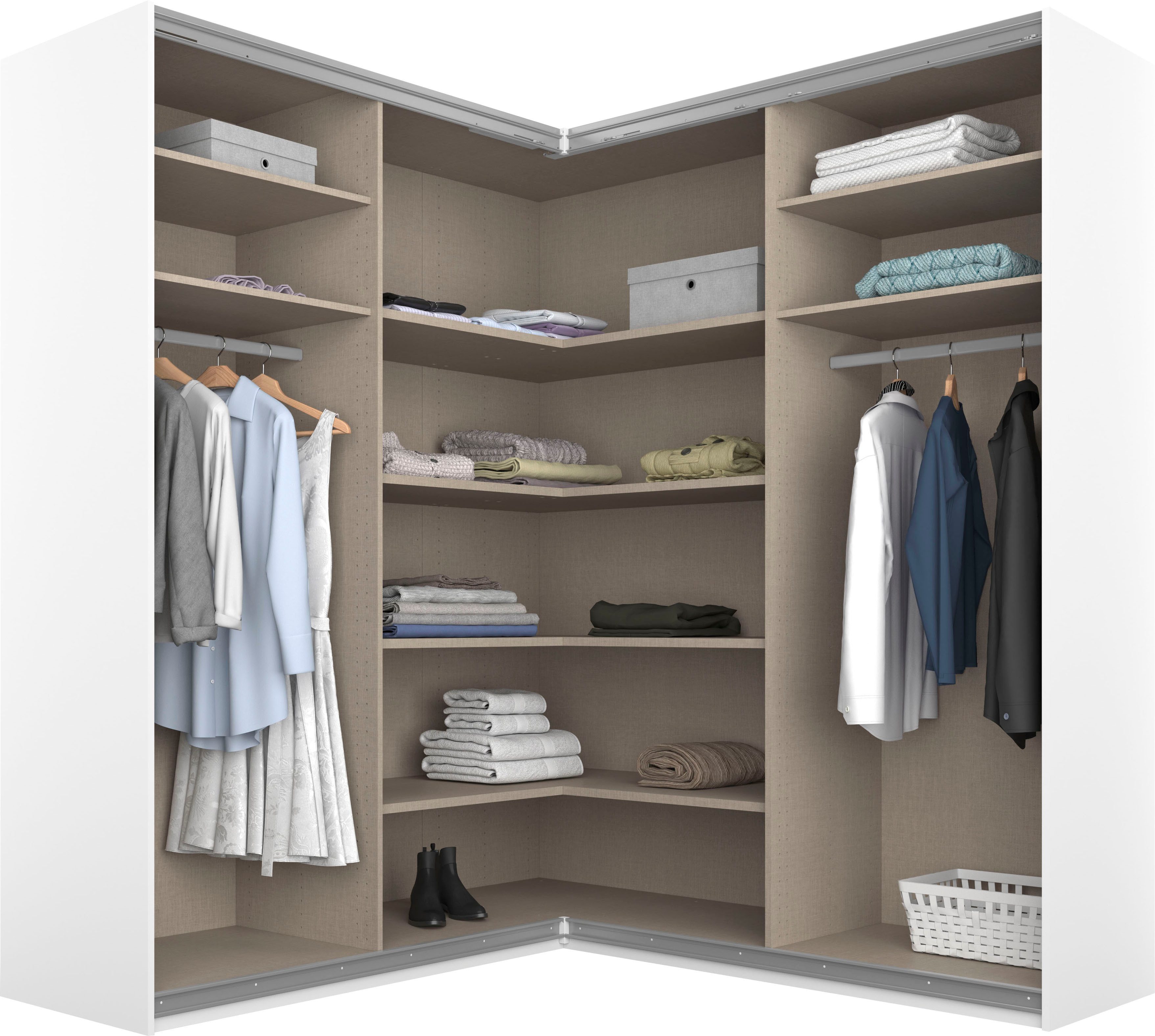 rauch Schwebetürenschrank Schrank Garderobe Eckkleiderschrank QUADRA Front in Dekor/Hochglanz (in den Höhen 210/229 cm, inkl. Soft-Close-Funktion) großer Eckschrank mit viel Stauraum, Maß 181x187 cm MADE IN GERMANY