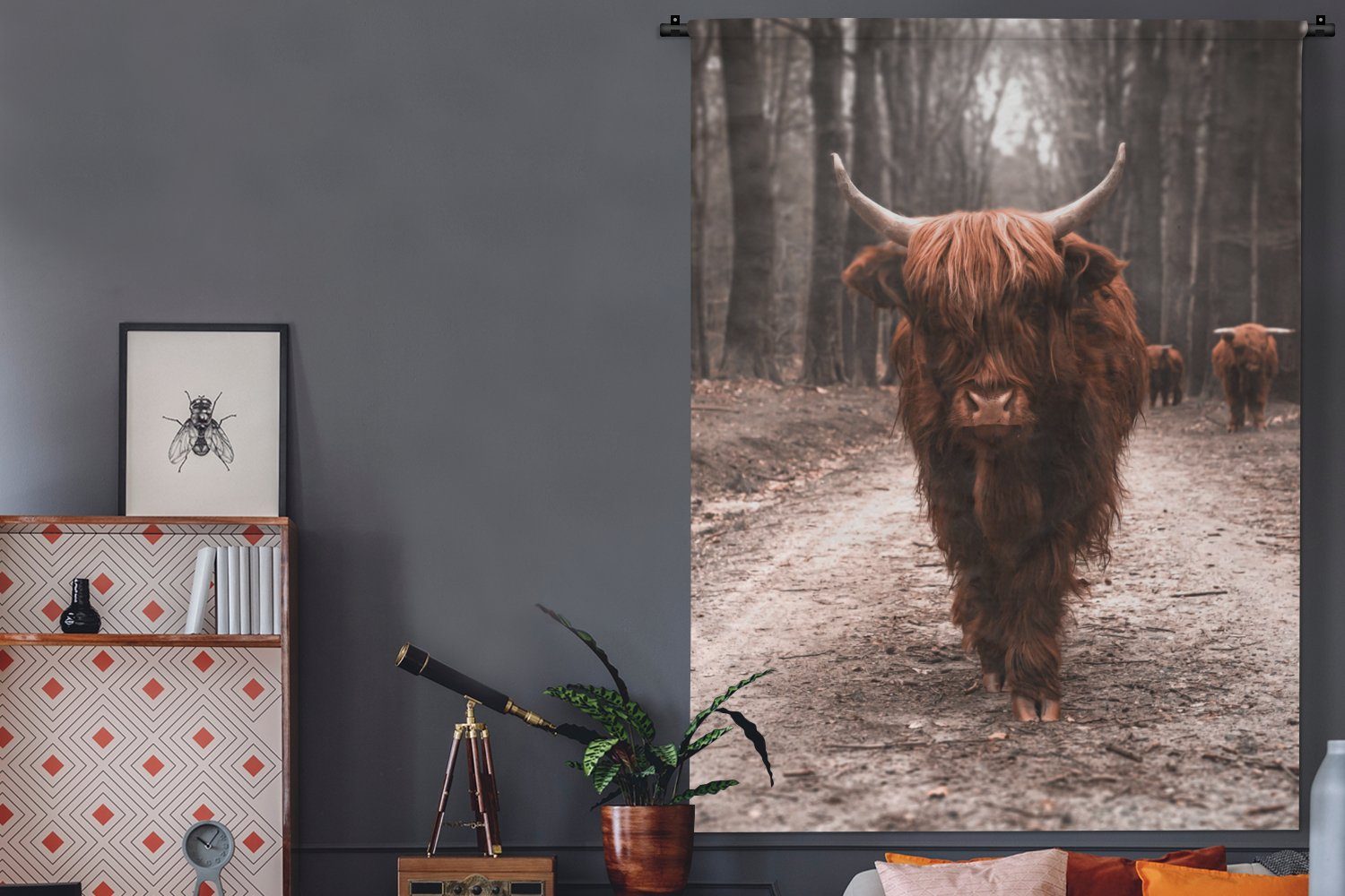 Tiere Natur, - Wandbehang, - Wald - Wanddekoobjekt für Wohnzimmer, Hochländer MuchoWow Kuh Kleid Tapisserie, Schlafzimmer, Schottischer - Wandtuch