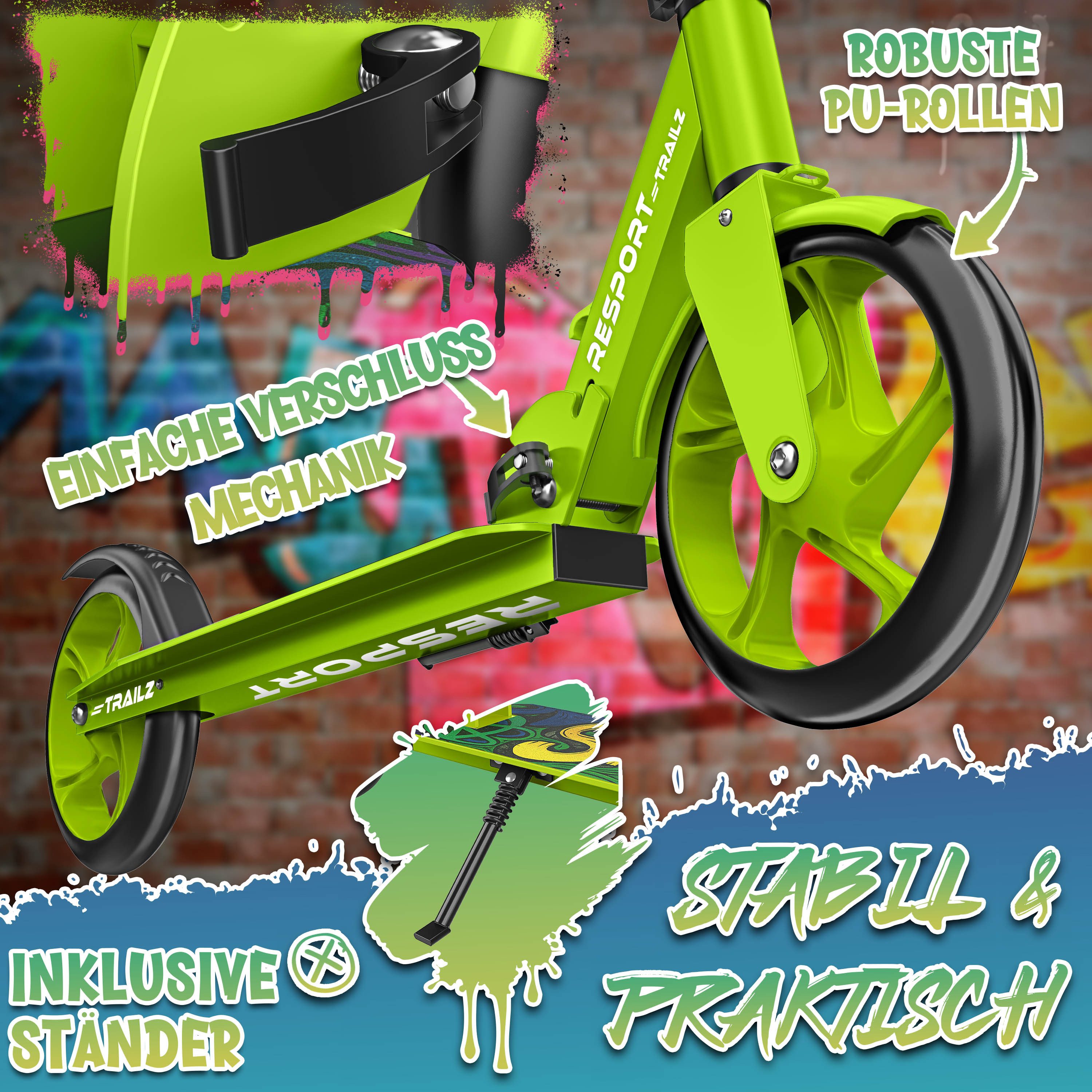 RE:SPORT Cityroller RE:SPORT® Trailz Cityroller Scooter inkl. Tragegurt und Klingel 200mm, (Scooter höhenverstellbar & klappbar, Kinderroller große Räder Kicksc – Bild 5 von 5