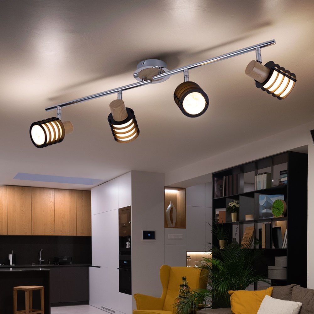 Globo LED Deckenleuchte, Leuchtmittel nicht inklusive, Spotleiste Deckenleuchte Spotlampe Strahler schwenkbar chrom Holz Glas | Deckenlampen