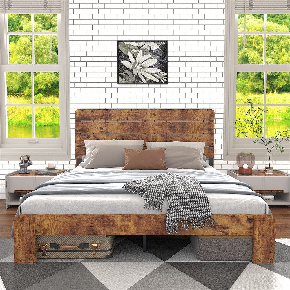 MODFU Holzbett Holzdoppelbett (mit antikem Design und Eisenlattenrost, braun., 1-tlg., 140 x 200 cm)