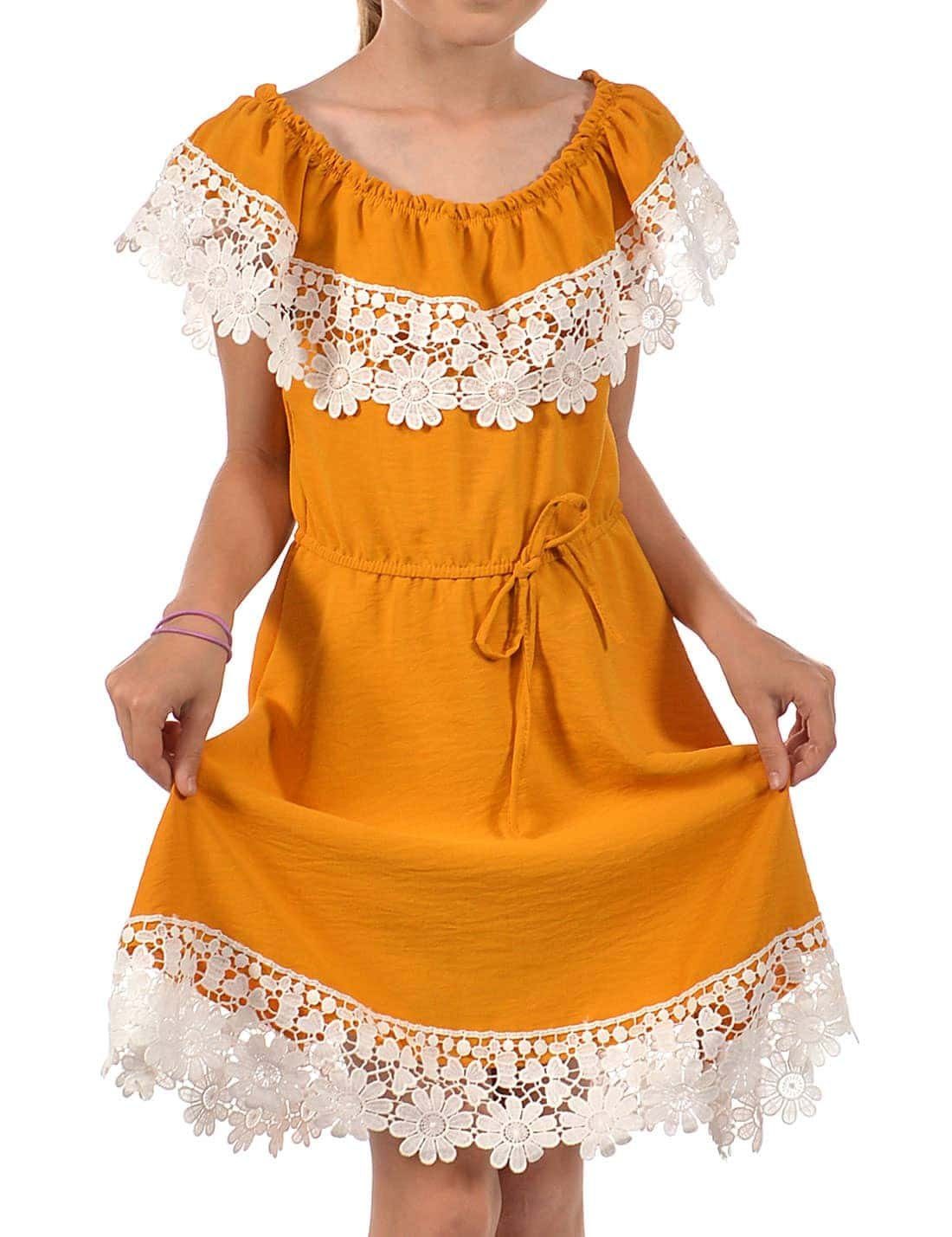 KMISSO Sommerkleid Mädchen Kleid tragen bequem Schulterfrei Gold (1-tlg) zu mit Spitze